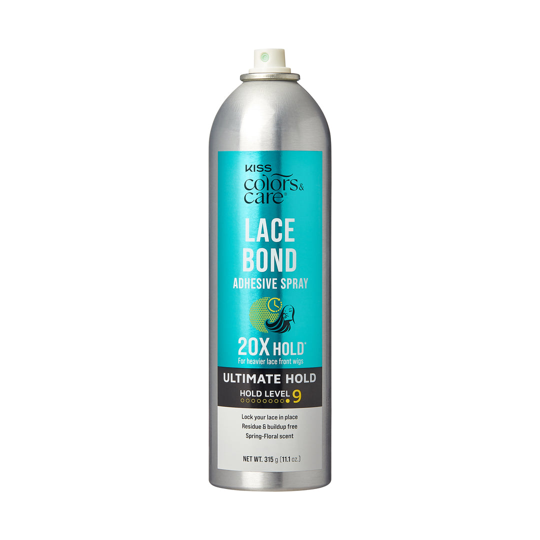 Silver aerosol can with turquoise label for KISS Colors & Care Lace Bond Adhesive Spray, Ultimate Hold, 11.1 oz, featuring "20X Hold" and "Hold Level 9" claims.