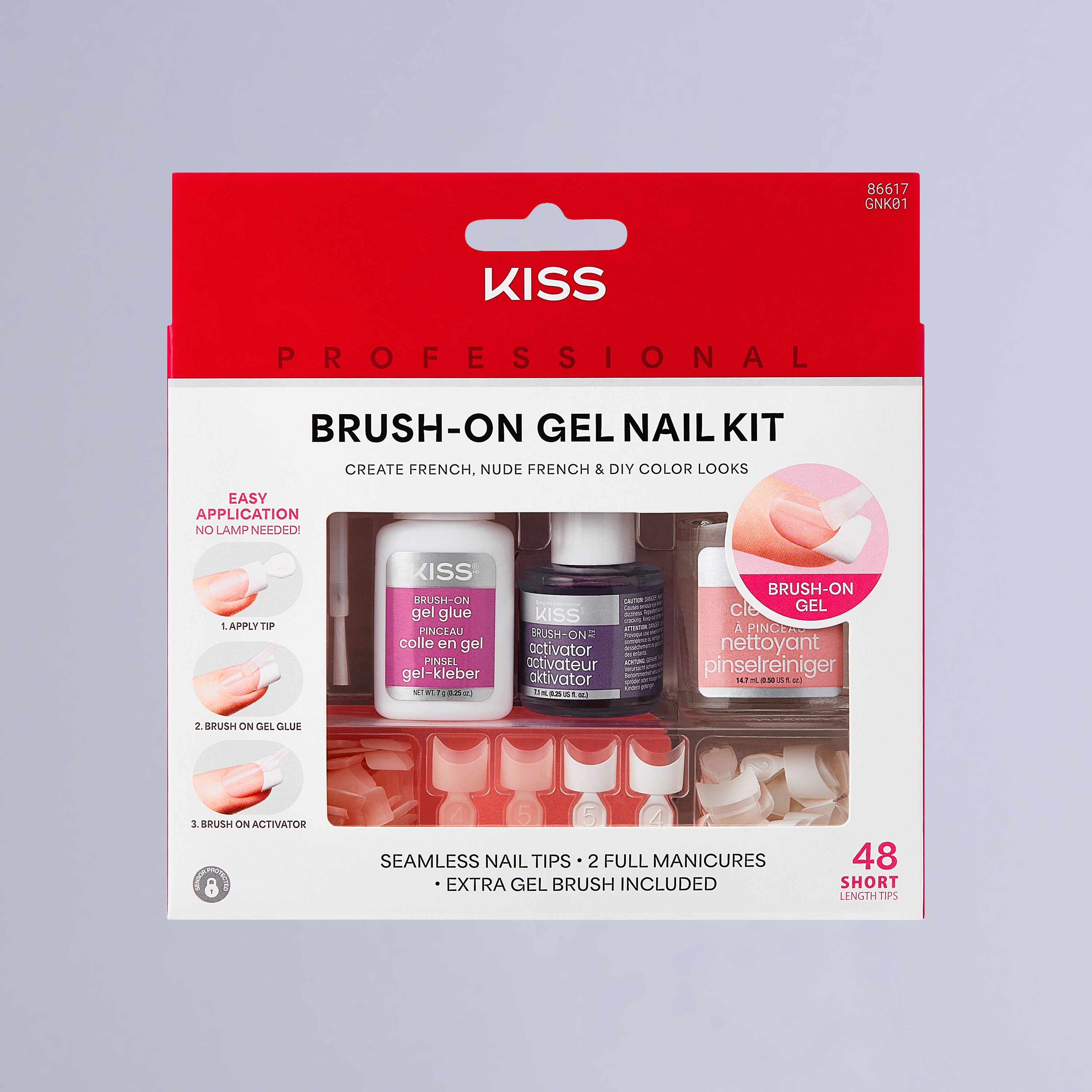 KS Professional Brush-On Gel Nail Kit packaging with gel glue, activator, cleaner, and 48 short seamless nail tips, highlighting easy application with no lamp needed.
