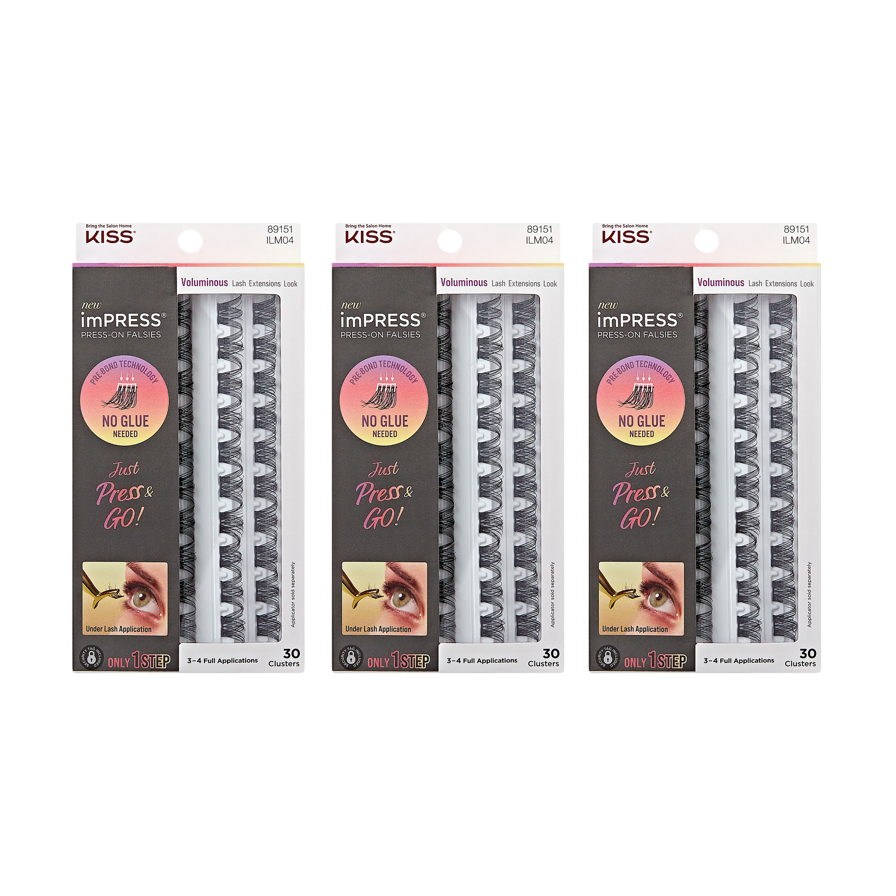 Three identical packages of KISS imPRESS Press-On Falsies Voluminous Clusters, each showing 30 black lash extension clusters with no glue needed, just press and go.
