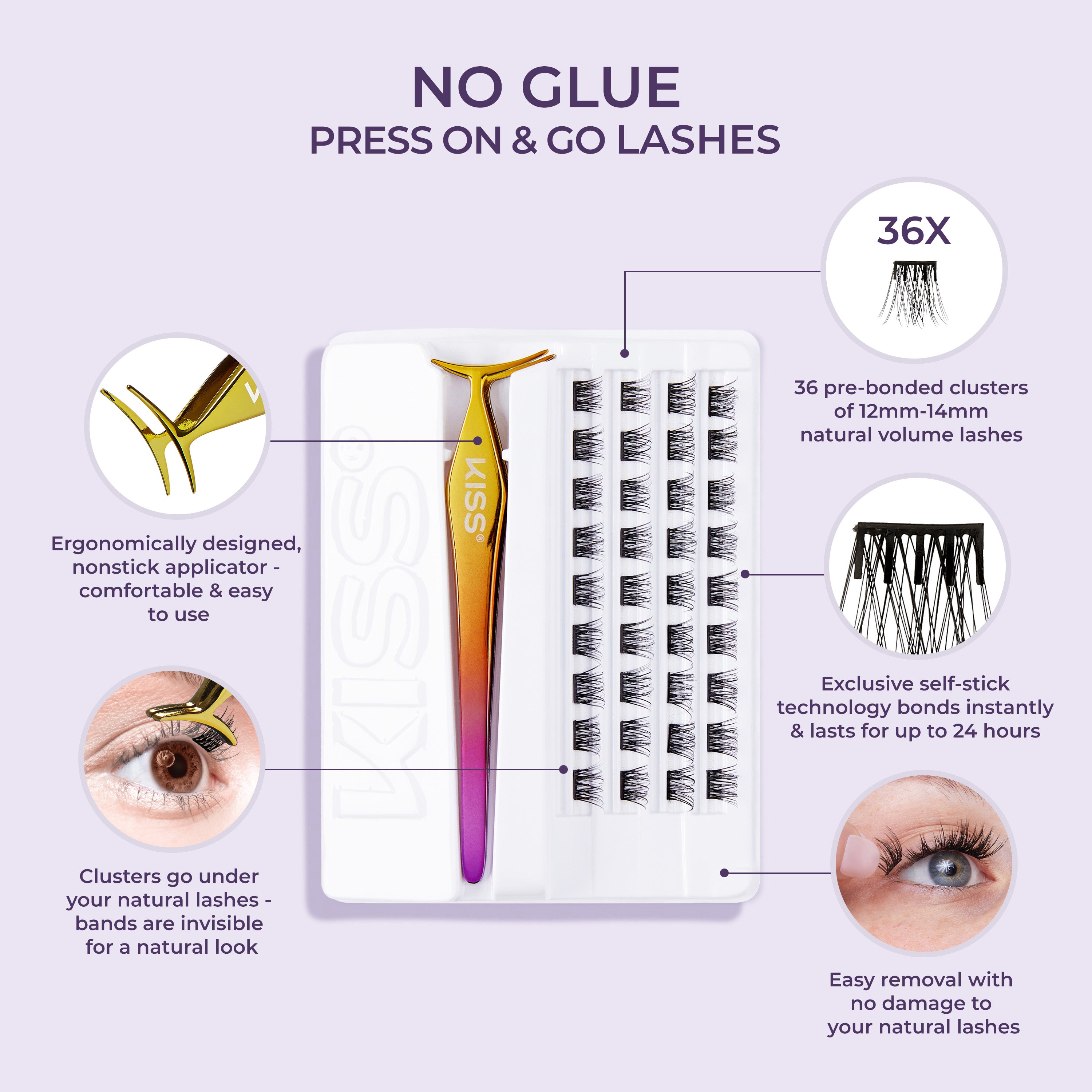 Impress Falsies Self Adhesive Eyelashes, 36 Lash Clusters - Natural