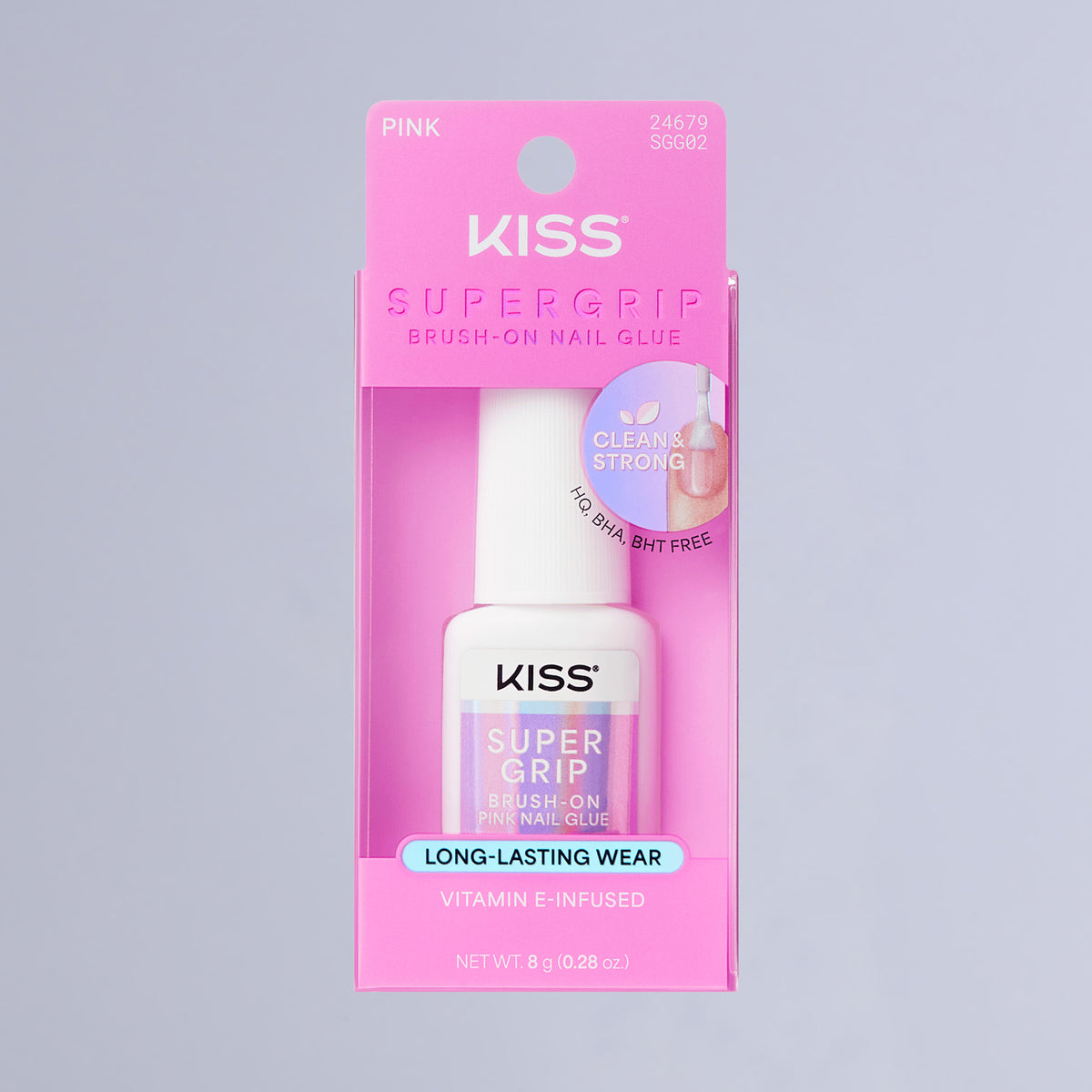 Kiss SuperGrip Brush-On Pink Nail Glue | Nail Adhesive, Press-On Glue, Vitamin E Infused, Long-Lasting Wear, Clean & Strong, Pink Tint, 0.28 oz.
