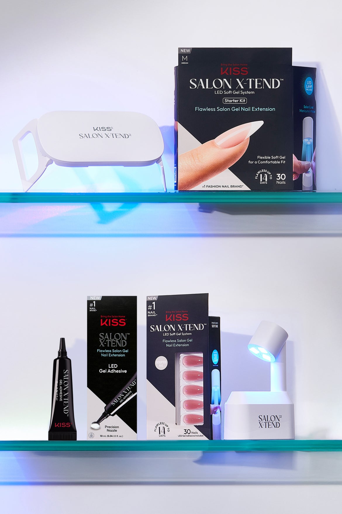 KISS Salon X-Tend LED gel nail system products displayed on shelves with UV lamp.