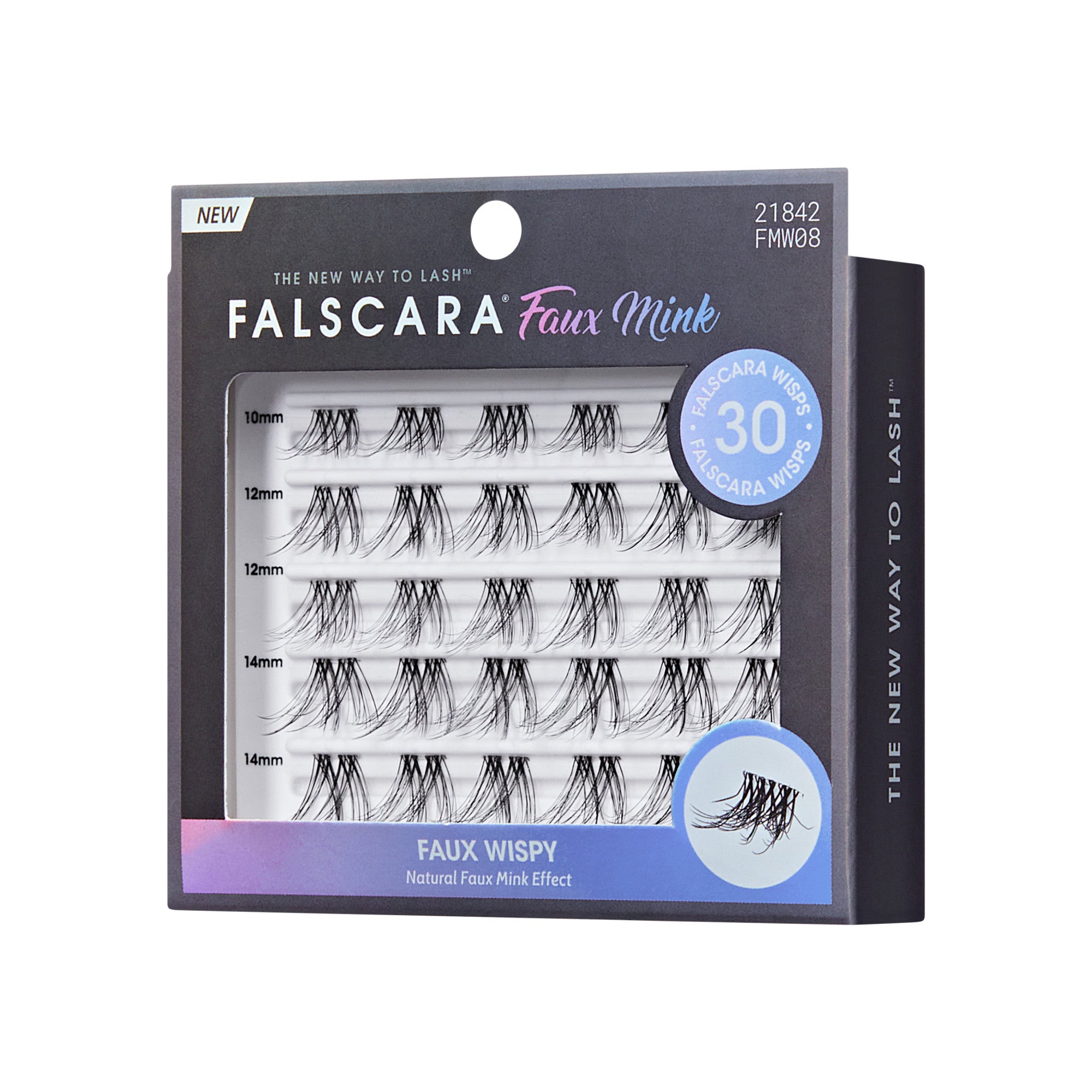 The image features a packaging for Falscara Faux Mink eyelashes. The box is designed with a sleek, modern aesthetic and includes a label indicating that it is a new product. Inside, there are multiple rows of individual eyelashes in varying lengths, specifically labeled as 12mm and 14mm. The eyelashes are designed to create a natural, wispy effect, mimicking the look of real mink lashes. The packaging emphasizes the ease of use and the innovative approach to applying false lashes.