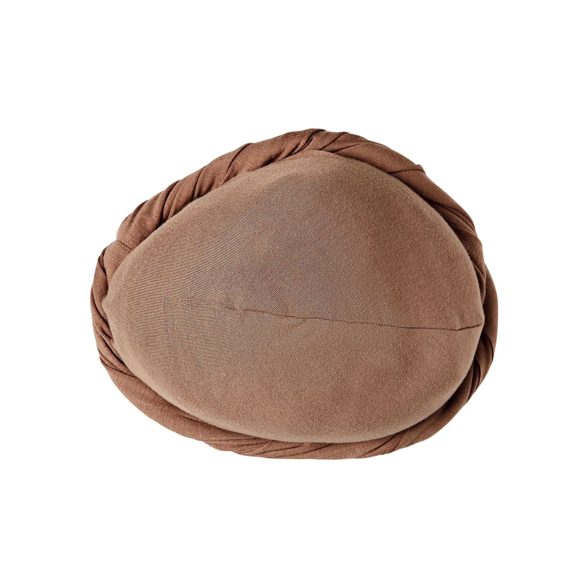 Taupe-colored premium satin-lined halo turban, pre-tied with a twisted band detail, shown from a top-down view.
