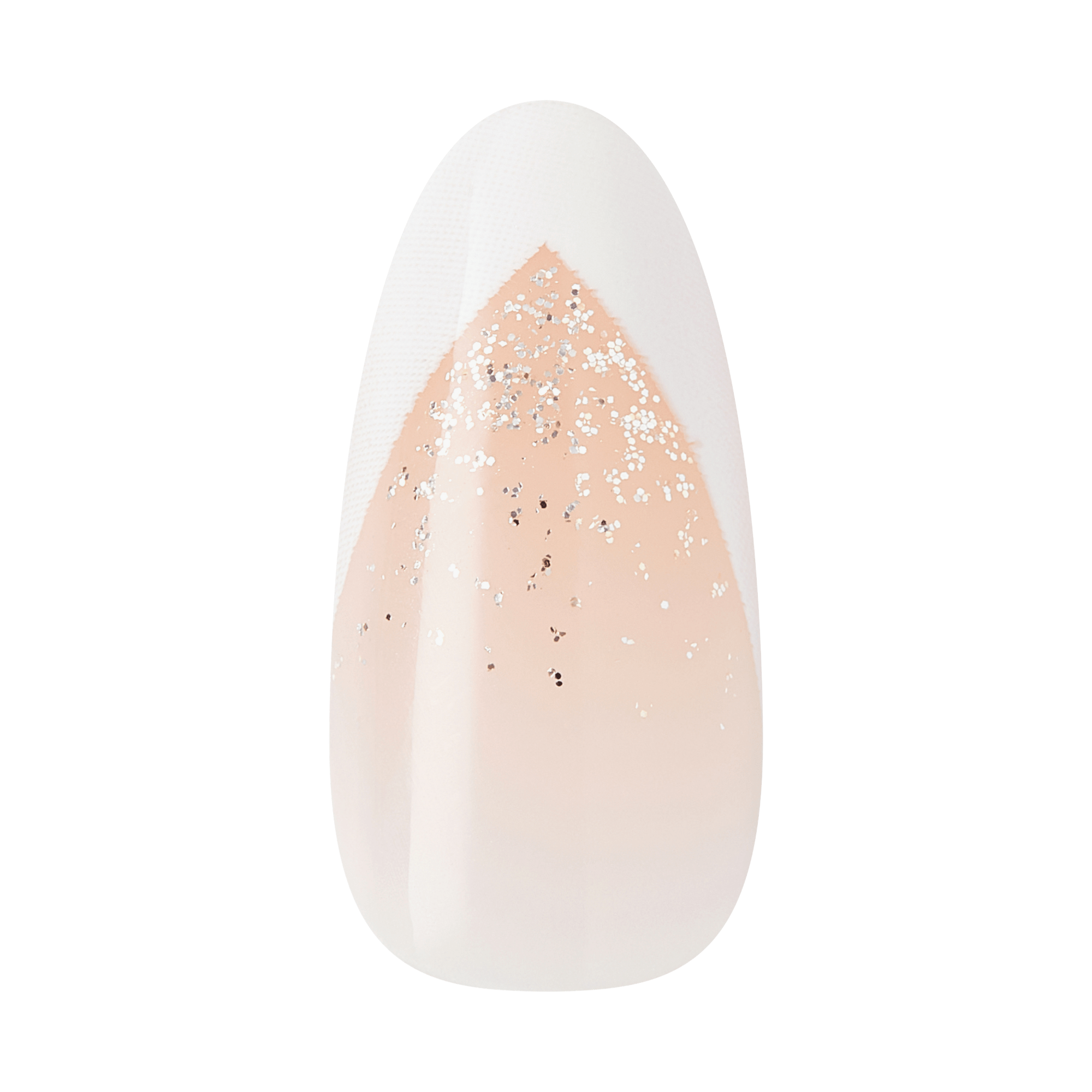 Almond-shaped nail with nude base and white glitter gradient ombre design.