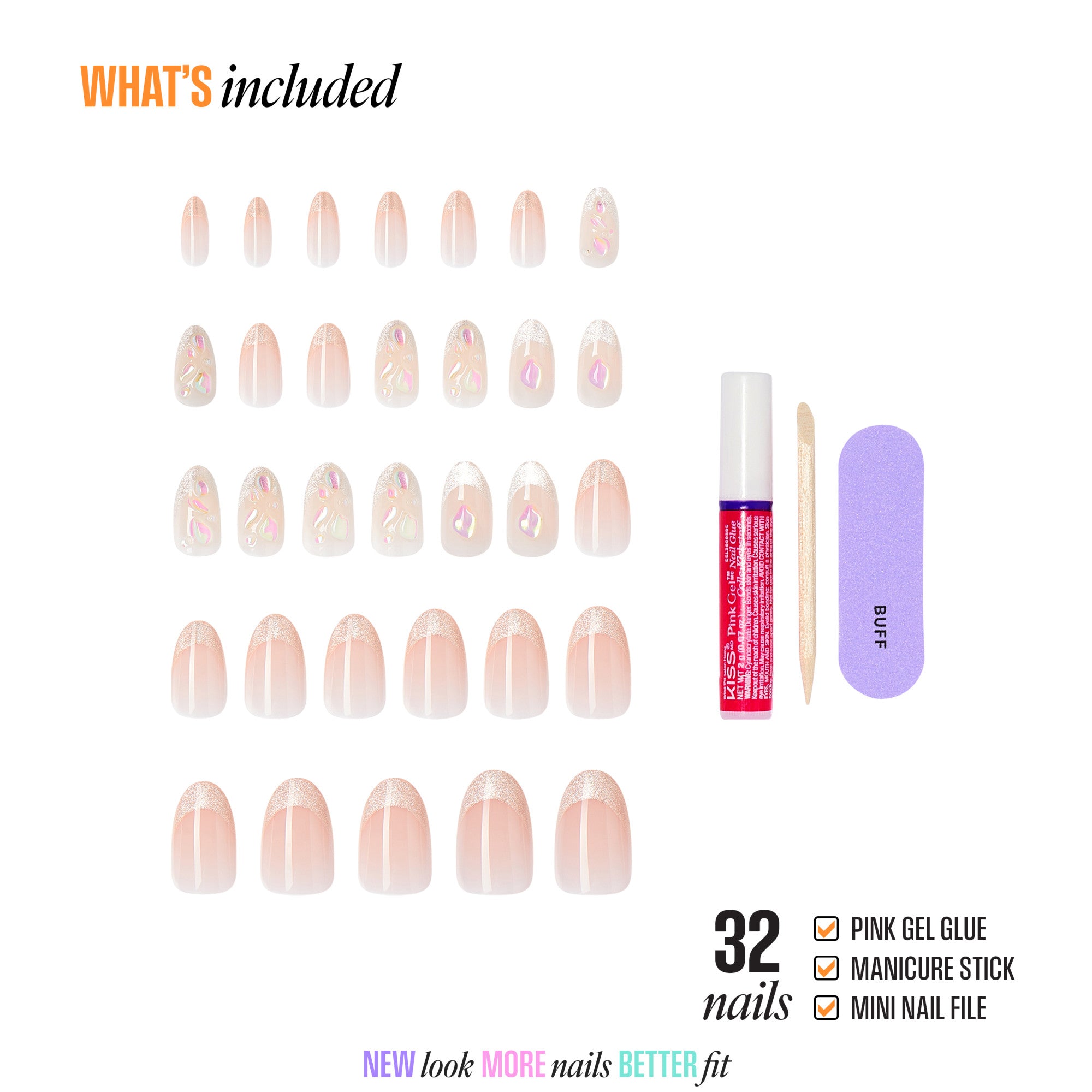 32 press-on nails with gel glue, manicure stick, and mini file included.