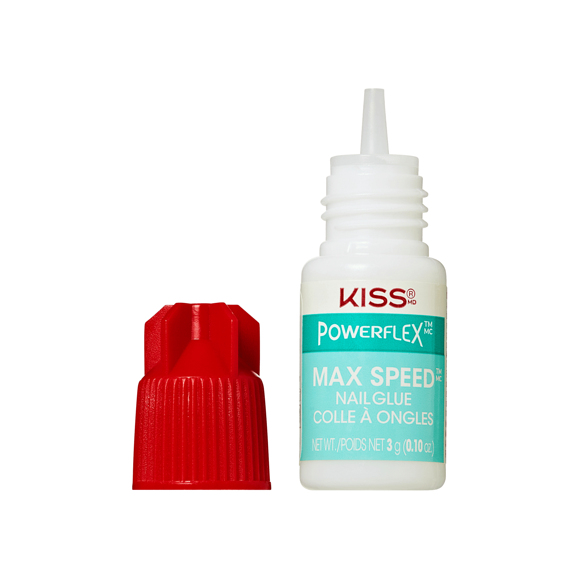 Small white bottle of KISS PowerFlex Maximum Speed nail glue with a teal label, showing the open nozzle and a separate red cap.