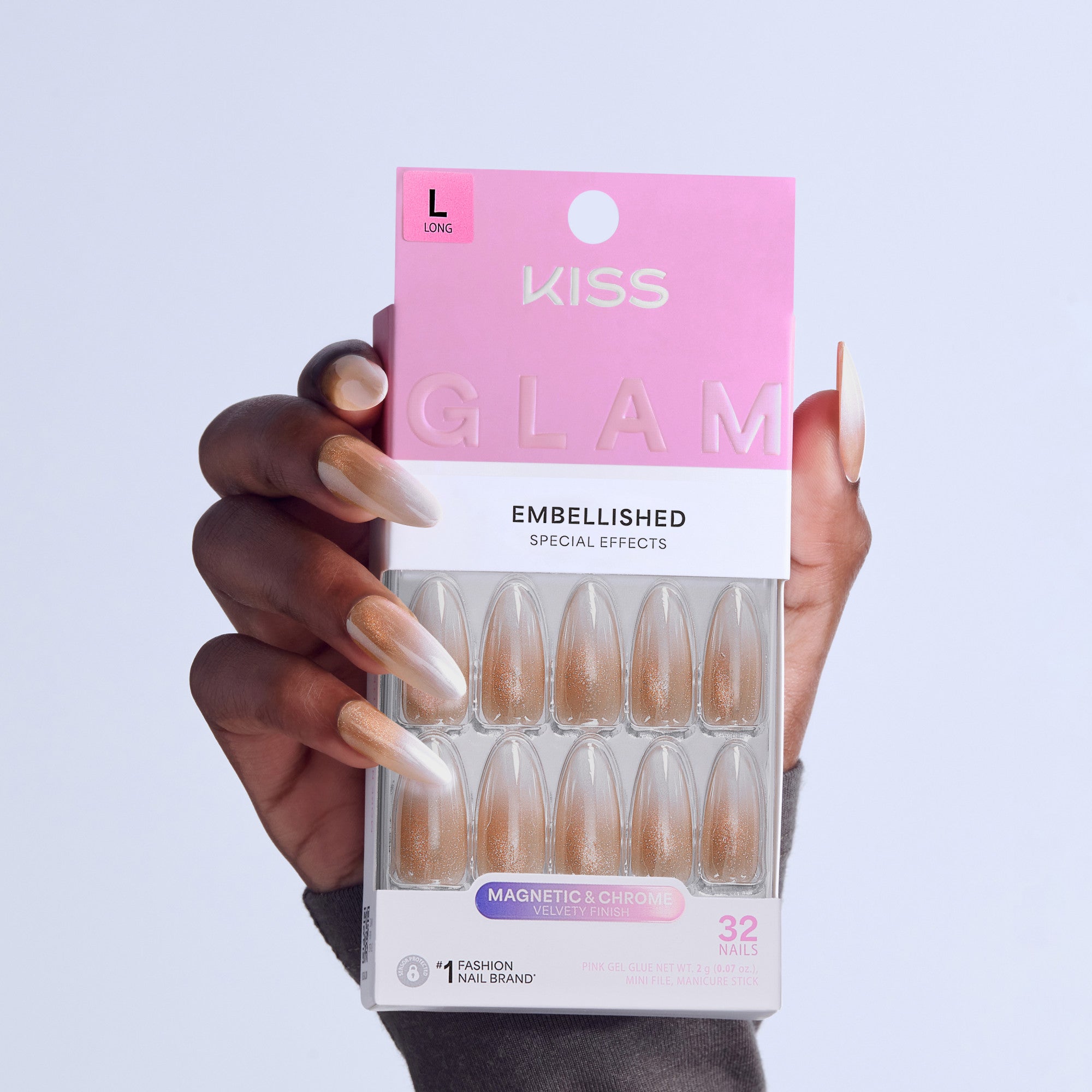 KISS Glam Embellished Magnetic & Chrome Long Nails, 32 count package held in hand