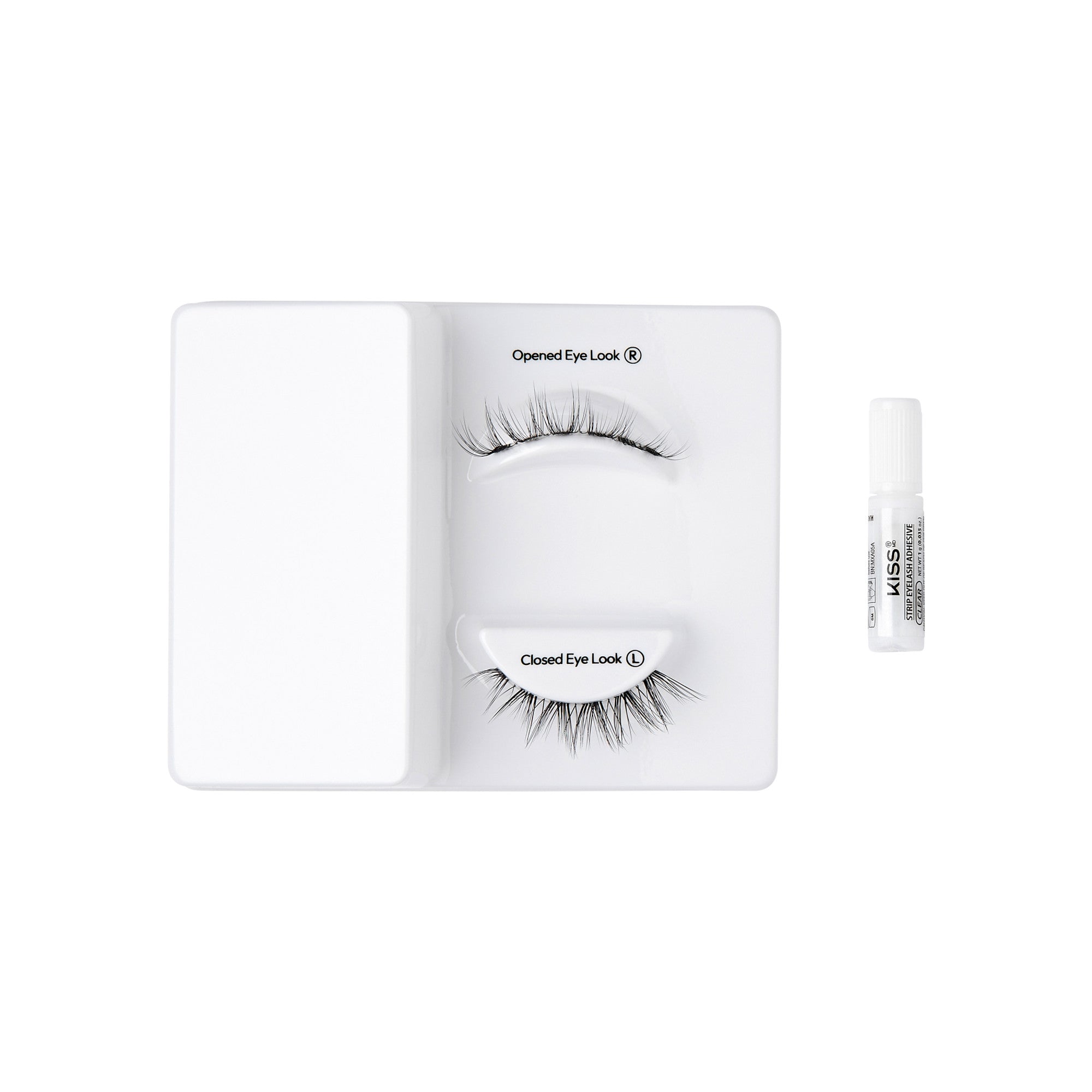 The image features a set of false eyelashes displayed on a white tray. There are two pairs of lashes: one labeled "Opened Eye Look" and the other labeled "Closed Eye Look." Next to the lashes, there is a small tube of adhesive, likely used for applying the lashes. The overall presentation is clean and organized, highlighting the different styles of lashes available.