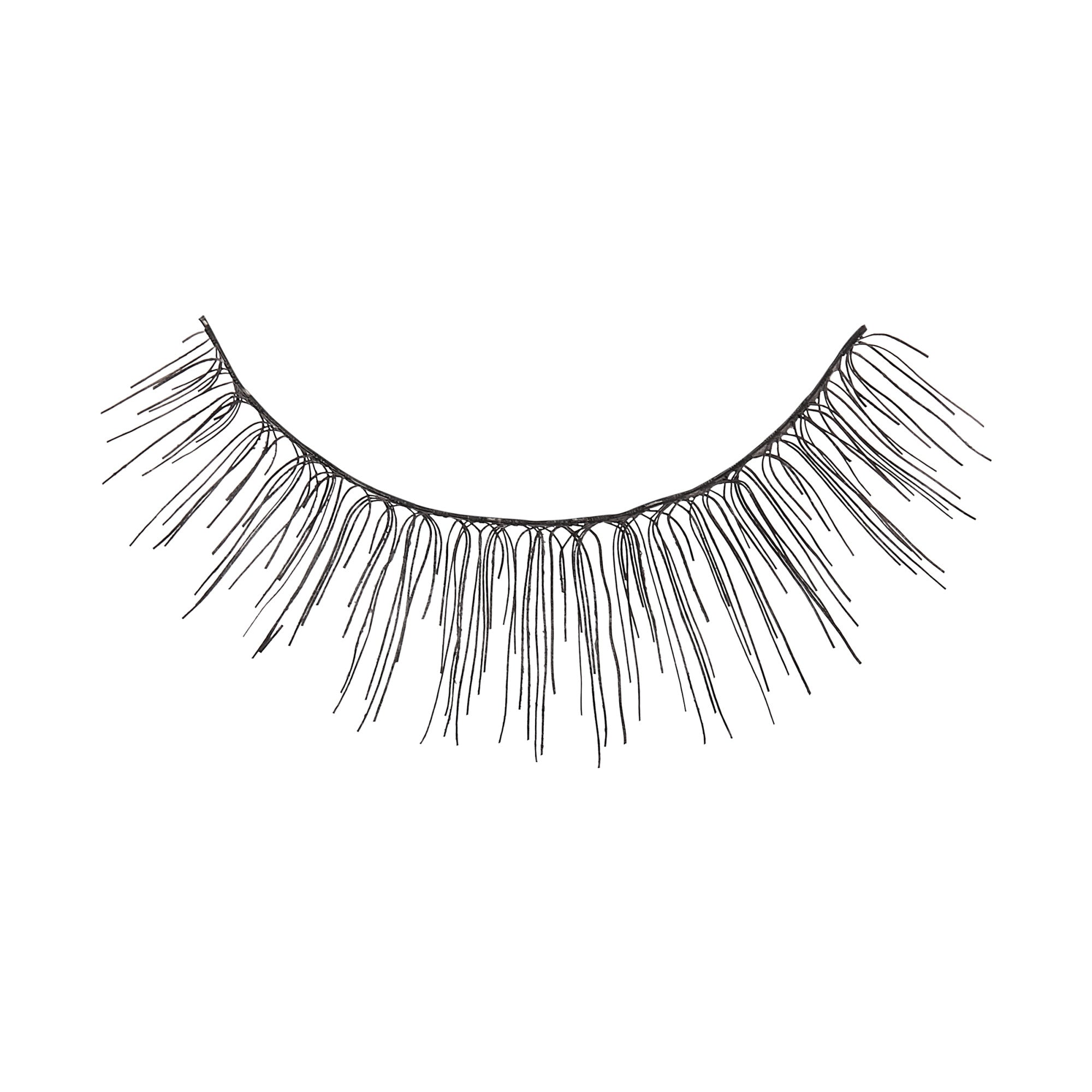 Single black false eyelash with long, thin, separated strands arranged in a curved shape, shown against a white background.