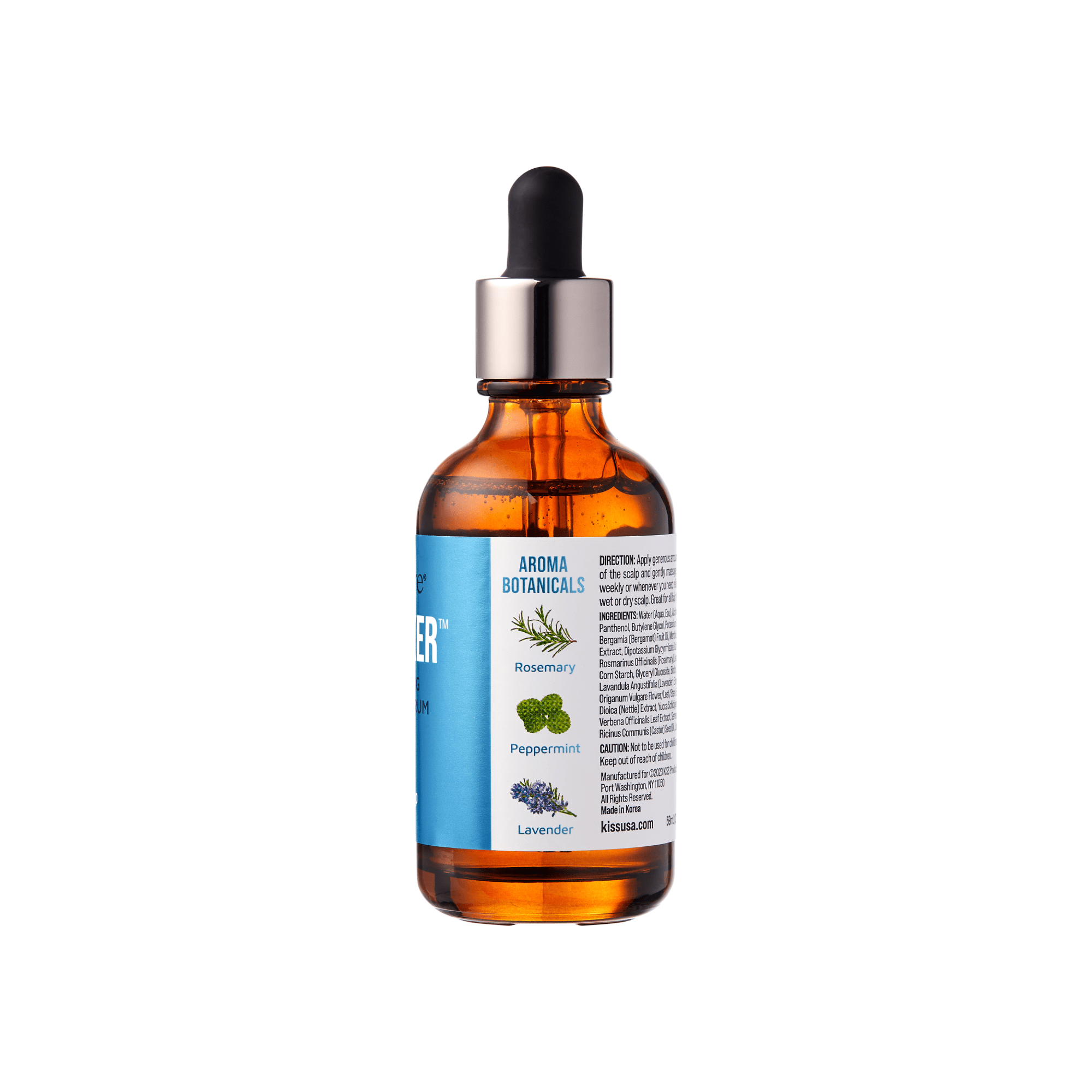 Amber glass dropper bottle of scalp fixer serum with a blue label highlighting aroma botanicals: rosemary, peppermint, and lavender.