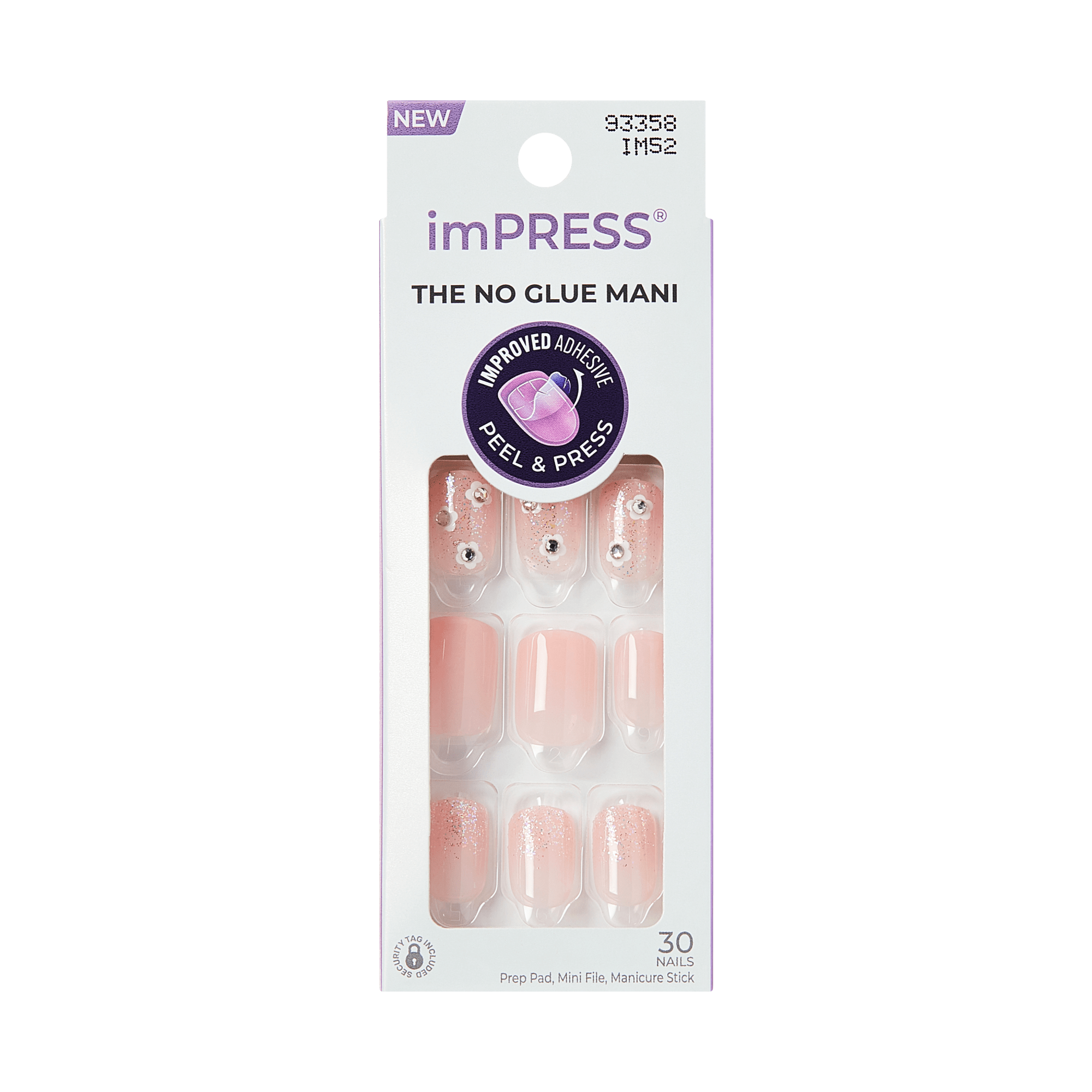 imPRESS The No Glue Mani press-on nails in pink with rhinestone accents, 30 nails