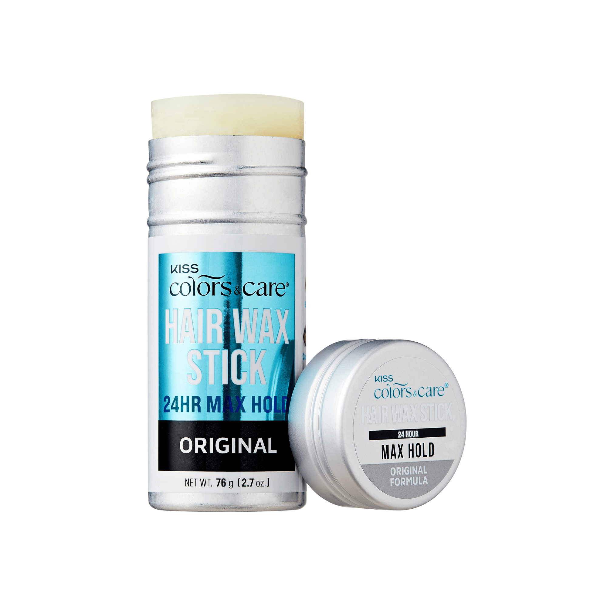 KISS Colors & Care Hair Wax Stick in open silver tube with blue label stating “24HR Max Hold Original,” with matching silver cap beside it.