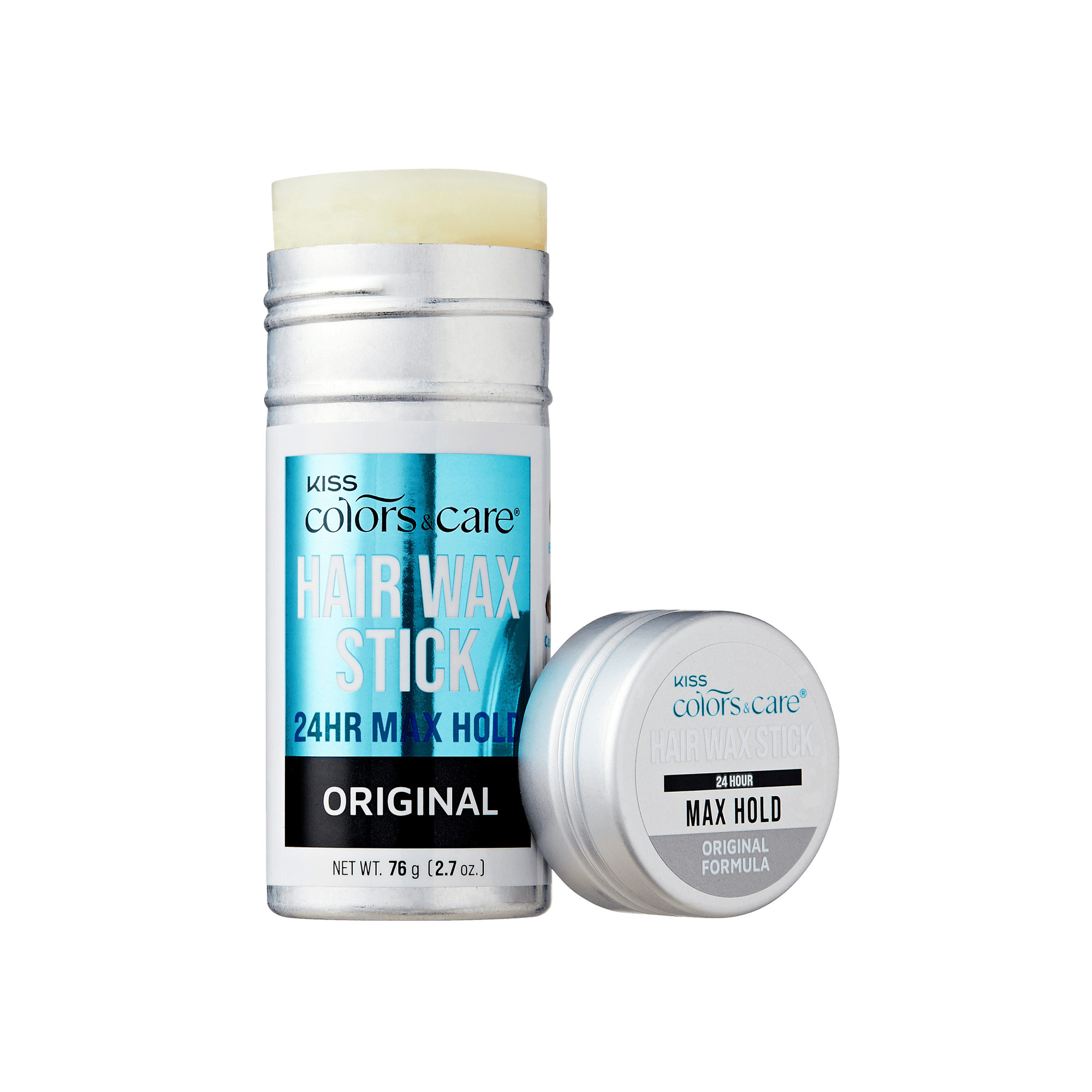KISS Colors & Care Hair Wax Stick with metallic blue label and silver cap, labeled for 24-hour max hold and original formula, 2.7 oz.