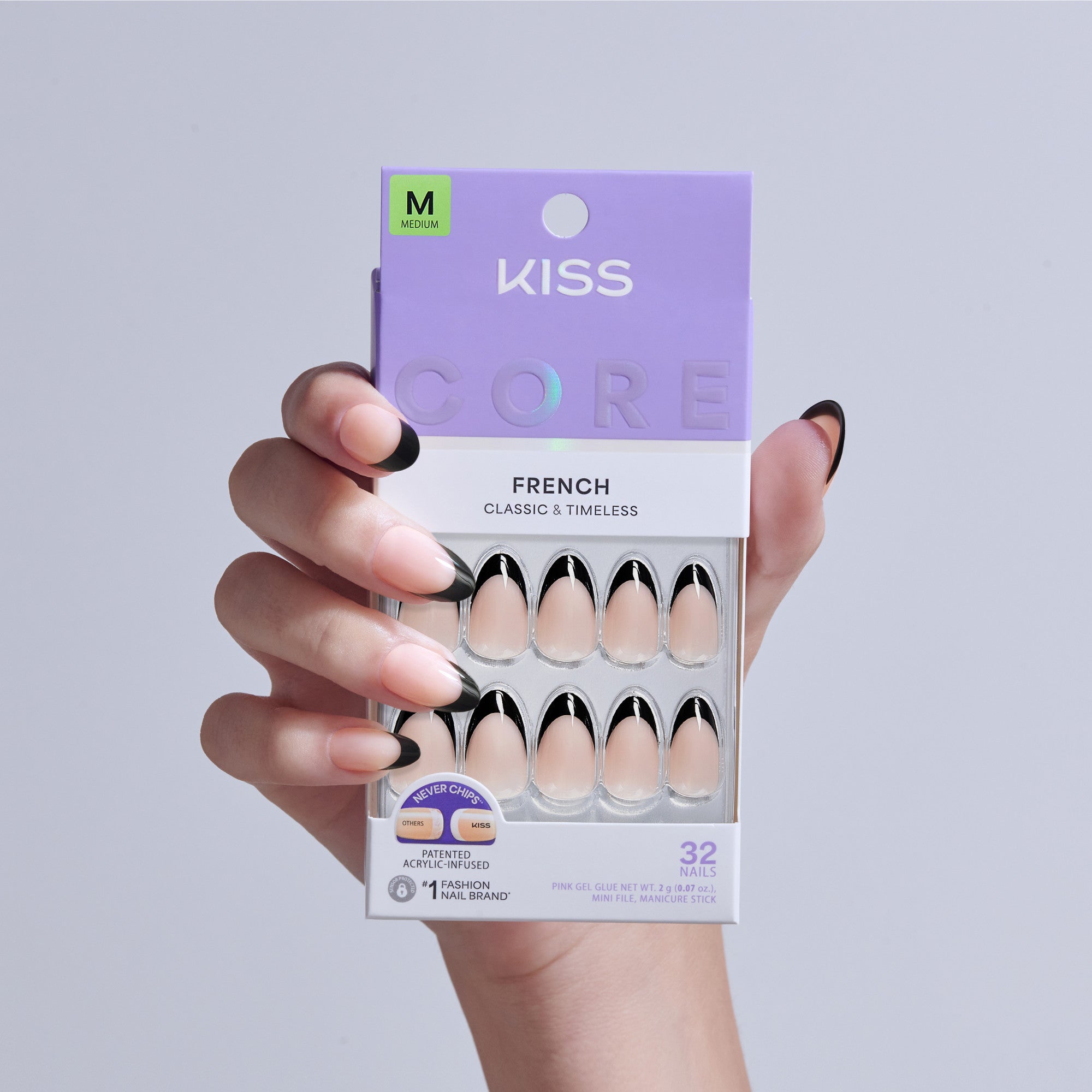 KISS Core French Nails, Medium, 32 nails with black and nude design