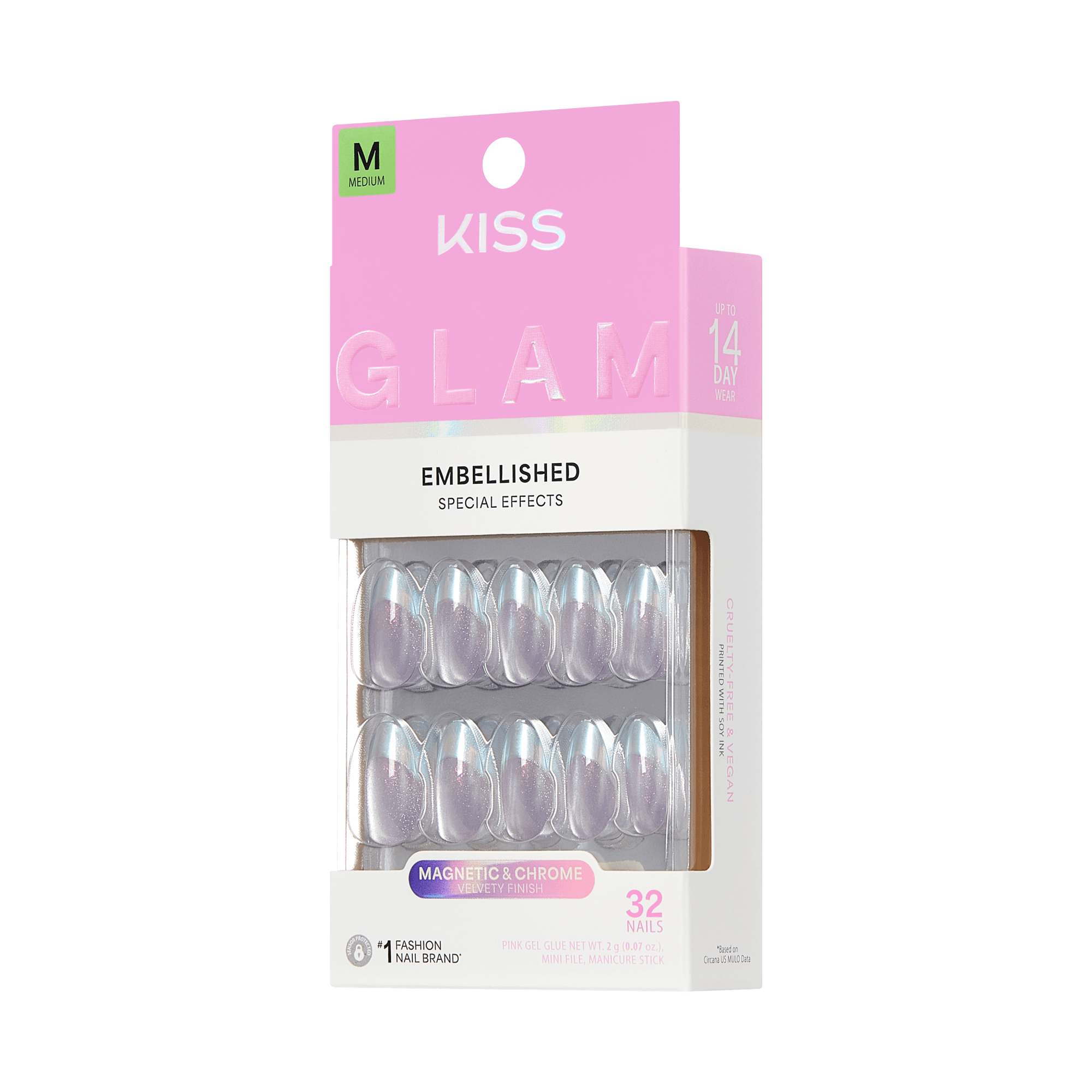 KISS Glam Embellished Nails, Medium, Magnetic & Chrome, 32 Count
