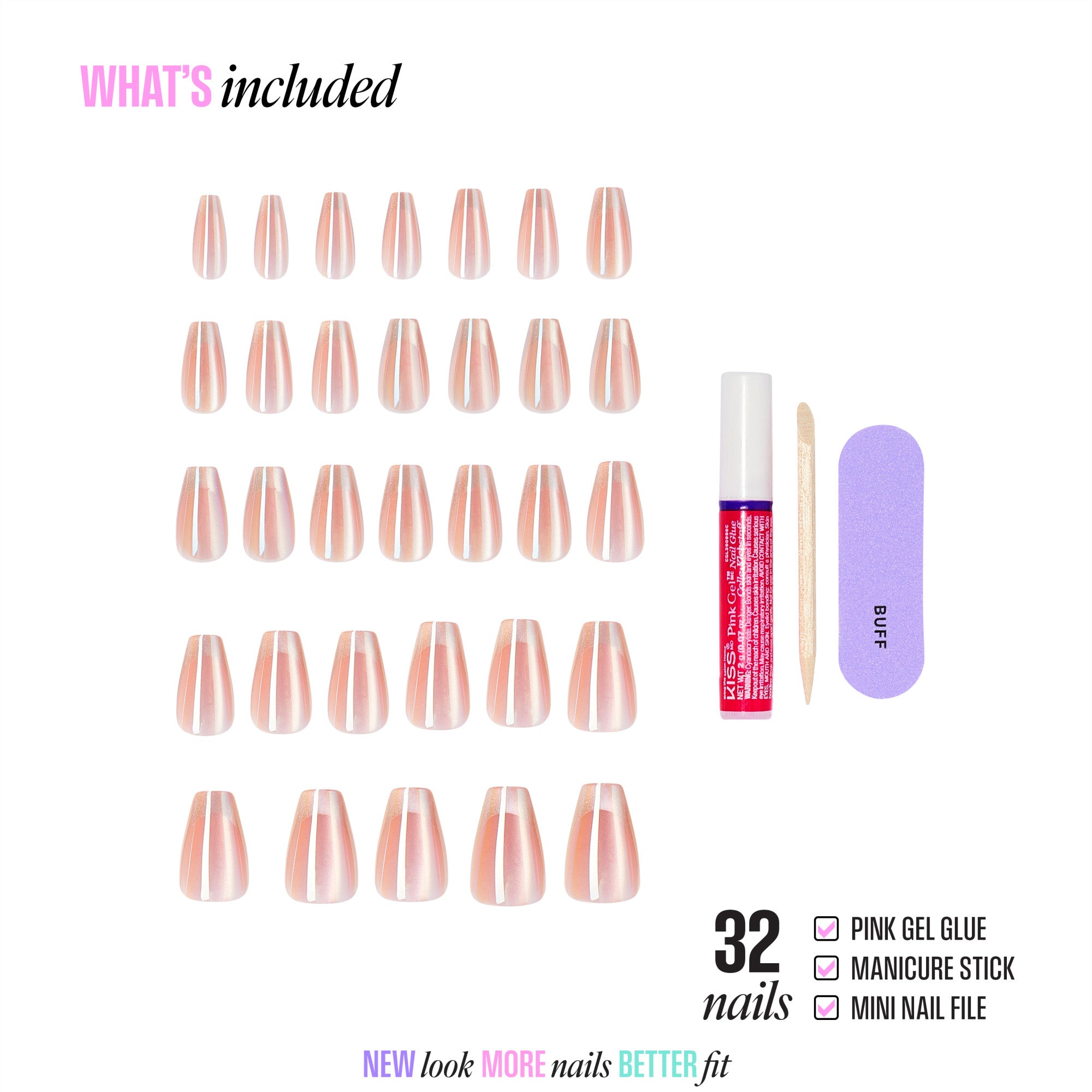 32 nude pearl press-on nails with gel glue, manicure stick, and file included.