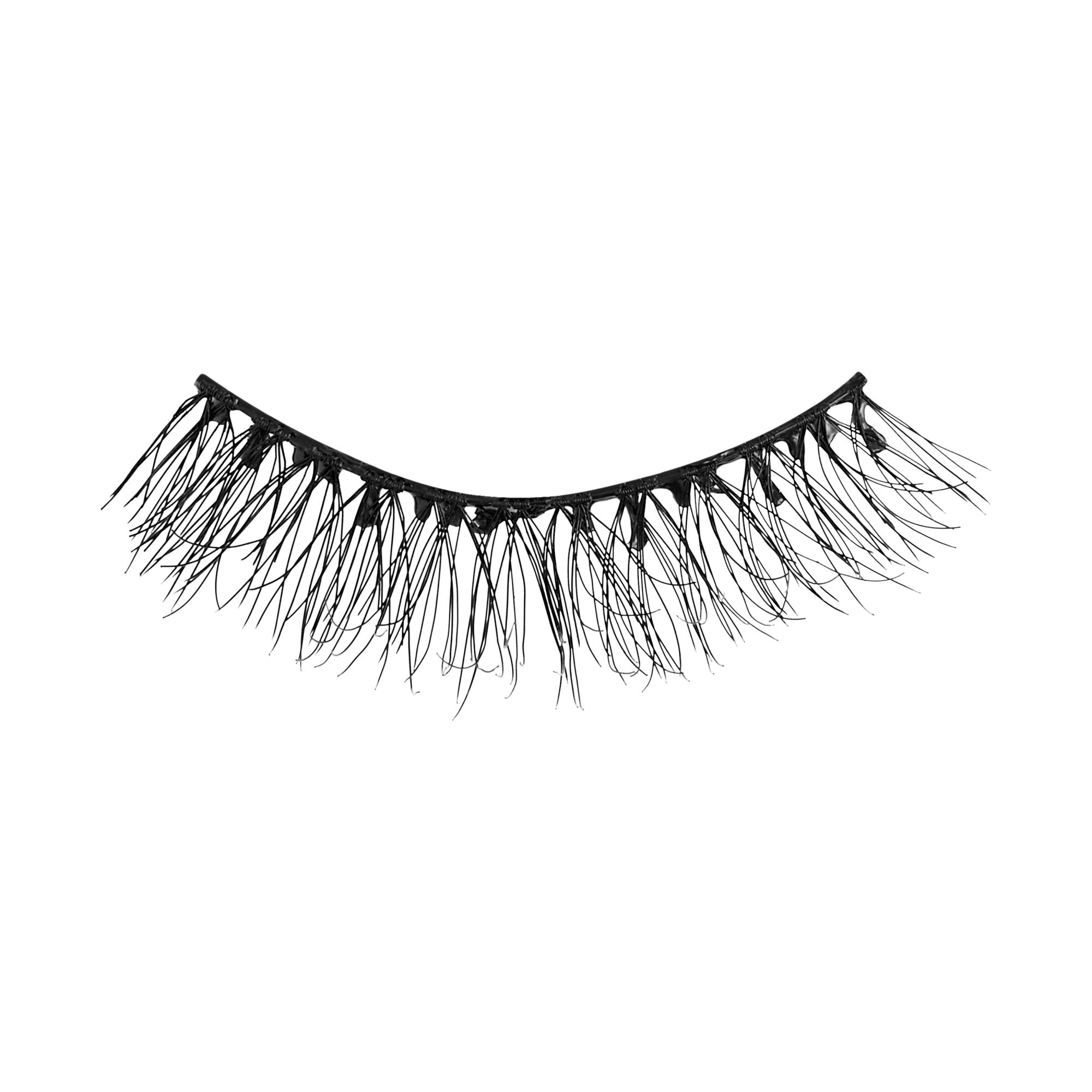 Pair of black false eyelashes with wispy, feathered lashes on clear band.