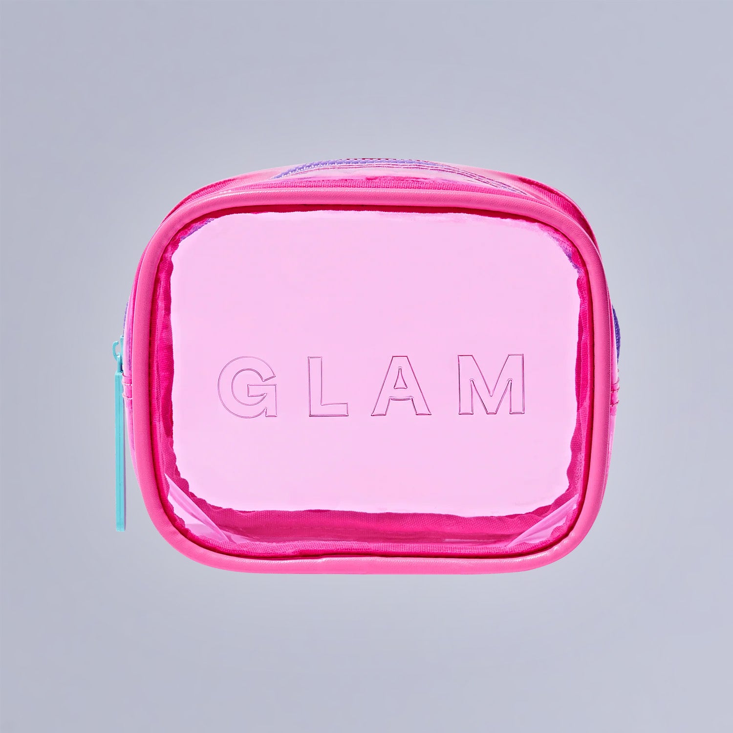 Bright pink cosmetic bag with "GLAM" text and turquoise zipper detail