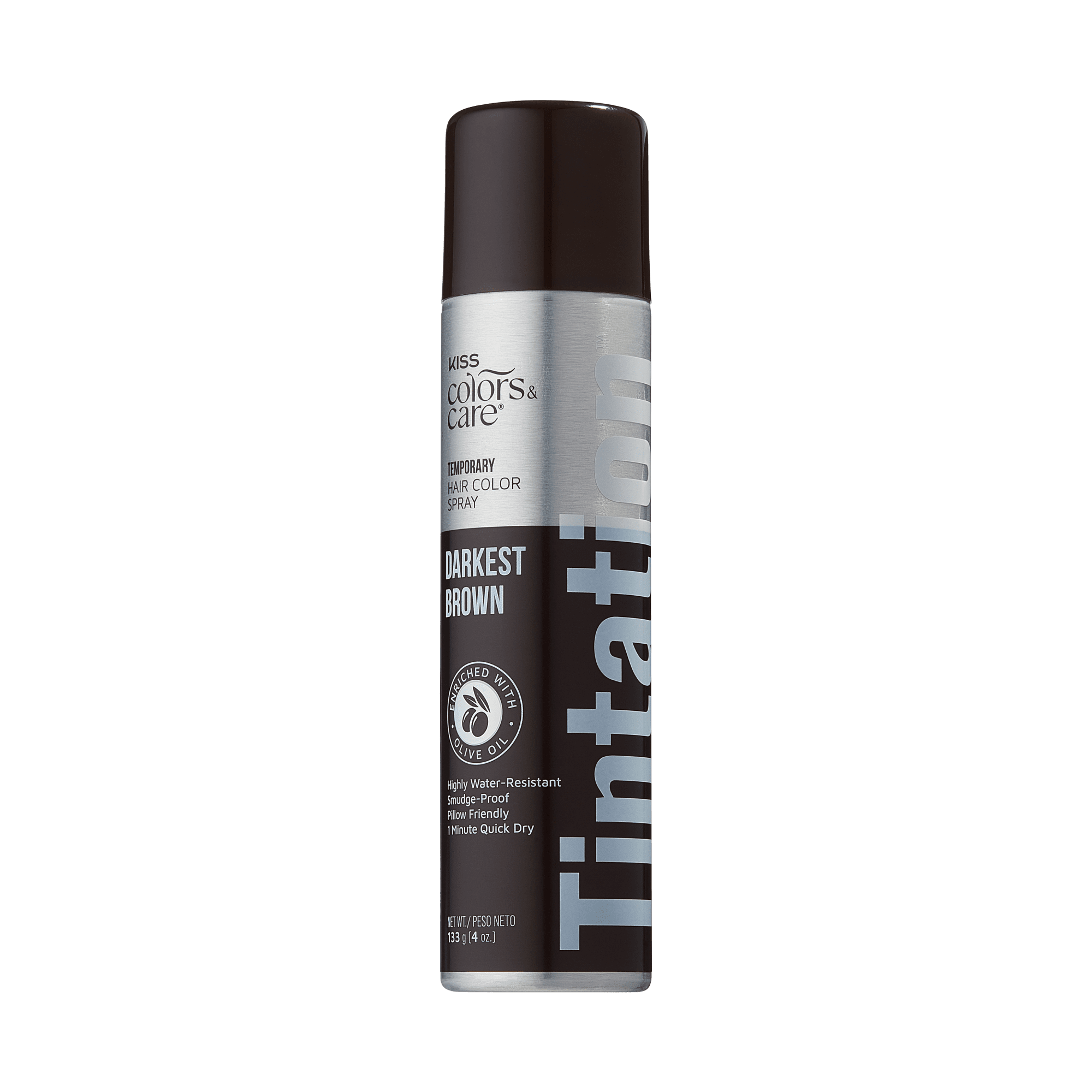 The image features a can of temporary hair color spray from the brand Swiss Colors & Care. The product is labeled "Tintation" and is specifically for the shade "Darkest Brown." The can has a sleek design with a silver base and a dark brown cap. It emphasizes that the spray is highly water-resistant, easy to apply, and dries quickly. The overall look is modern and professional, suitable for hair care products.