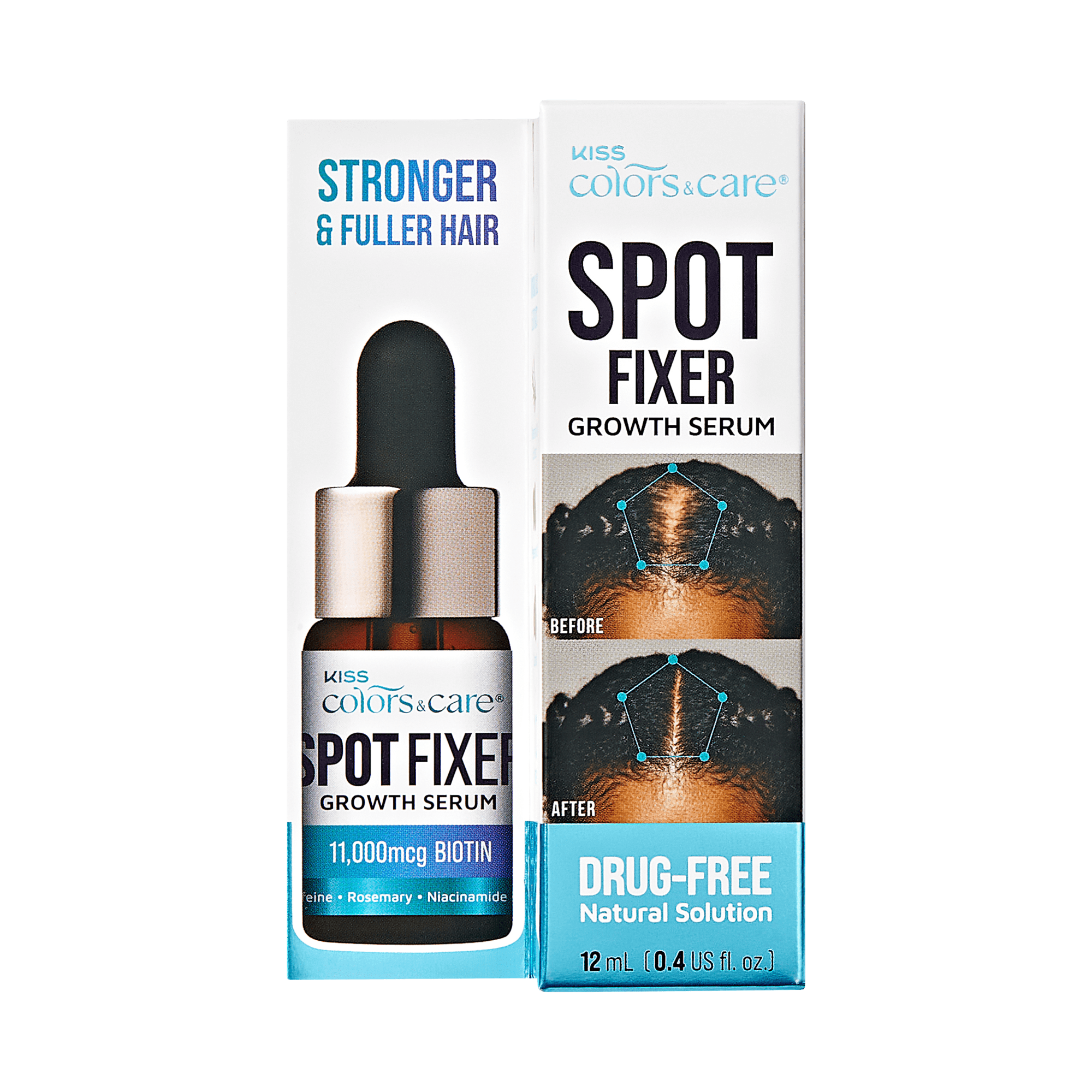 Kiss Colors & Care Spot Fixer Growth Serum packaging with dropper bottle, highlights 11,000 mcg Biotin, drug-free natural solution, and before-after hair growth images.