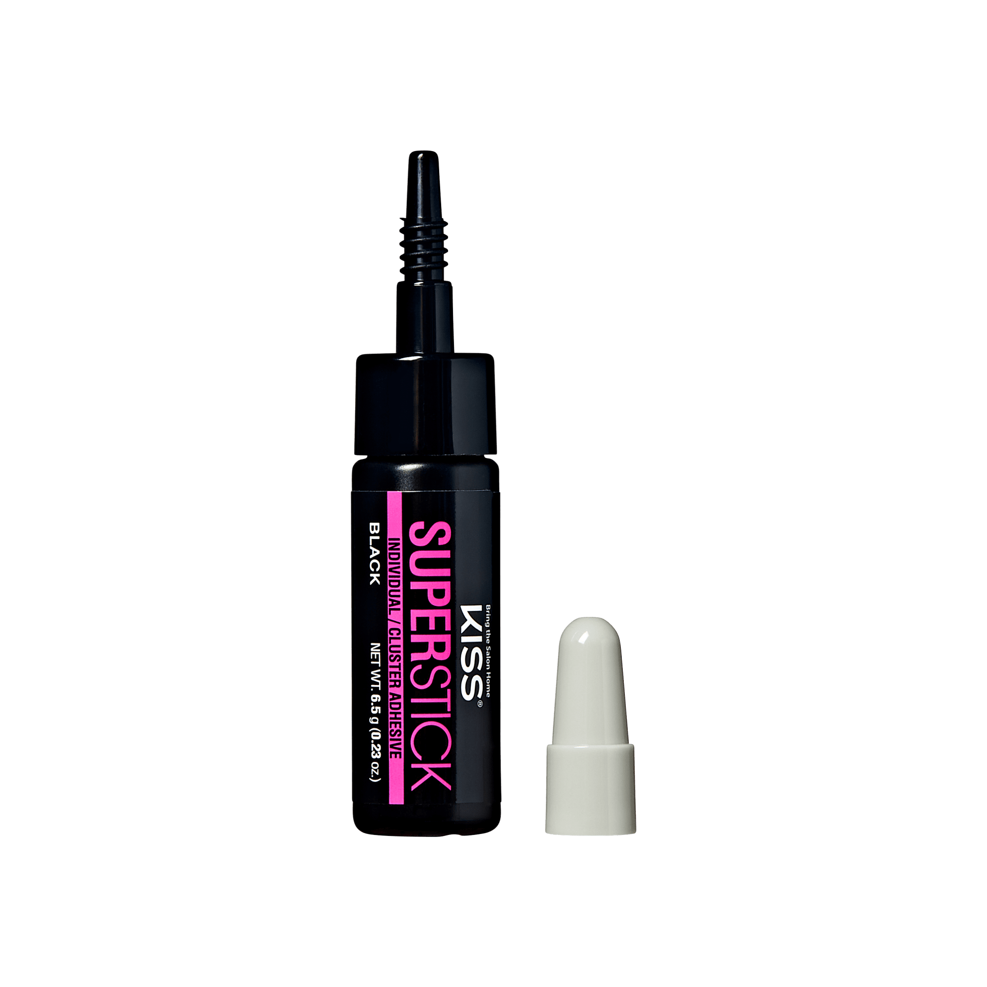 The image features a small, black tube of adhesive labeled "Superstick." The tube has a pointed applicator tip for precise application and is designed for easy handling. Next to the tube is a white cap that fits over the applicator. The product is likely intended for crafting or repair purposes, emphasizing its strong adhesive qualities. The overall design is sleek and modern, with bold text highlighting the product name.