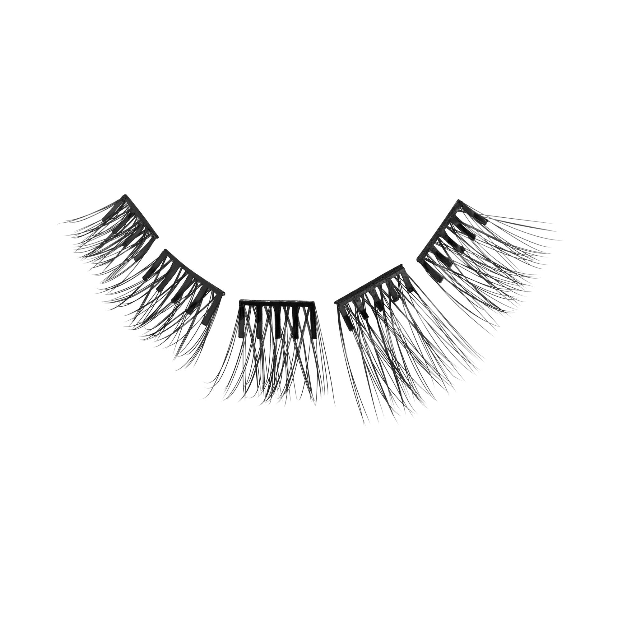Four segments of black self-adhesive false eyelashes, arranged in a curved line, showing long, thin, natural-looking lash strands on a white background.