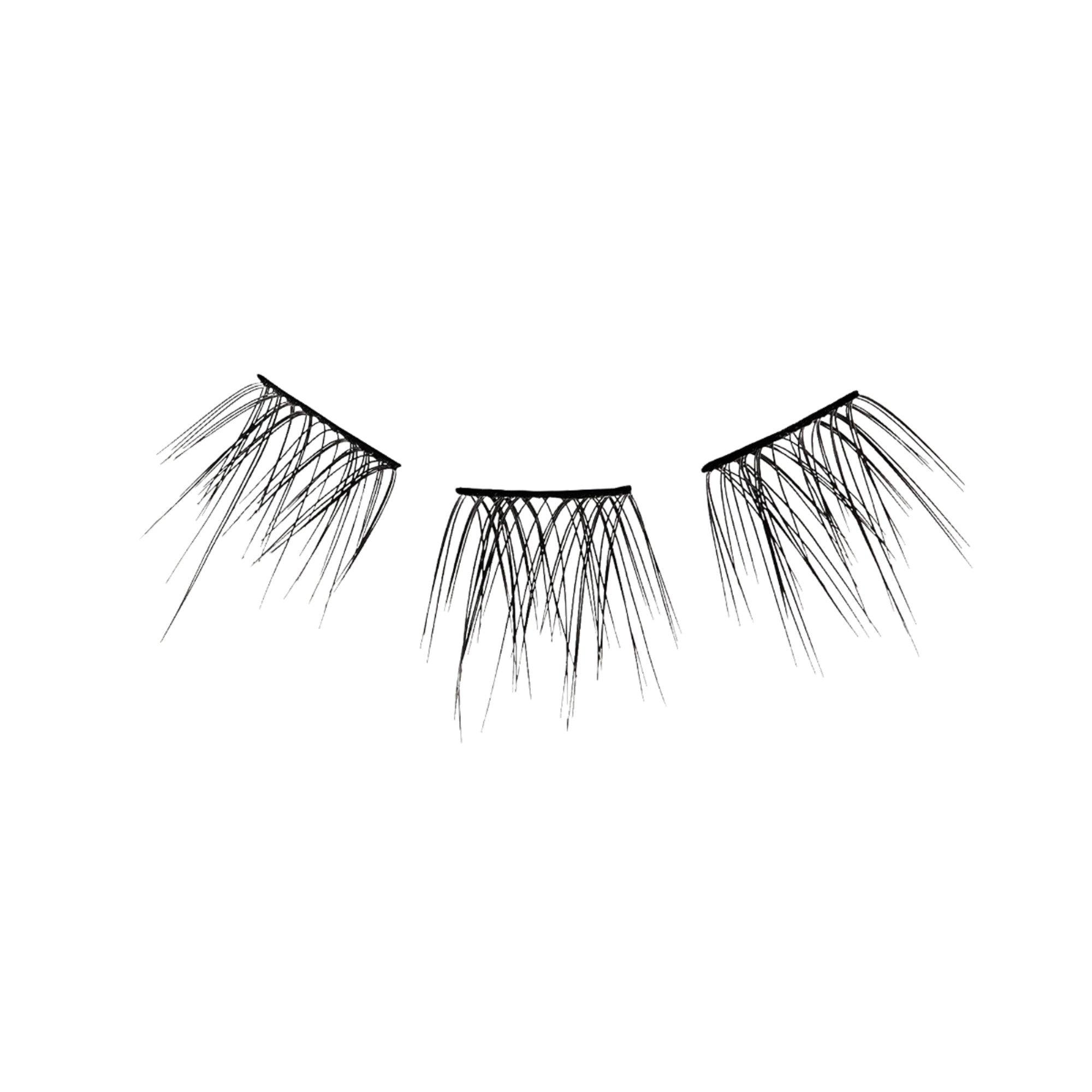 Three thin, black lengthening eyelash wisps arranged side by side on a white background, part of the FALSCARA Starter Kit.
