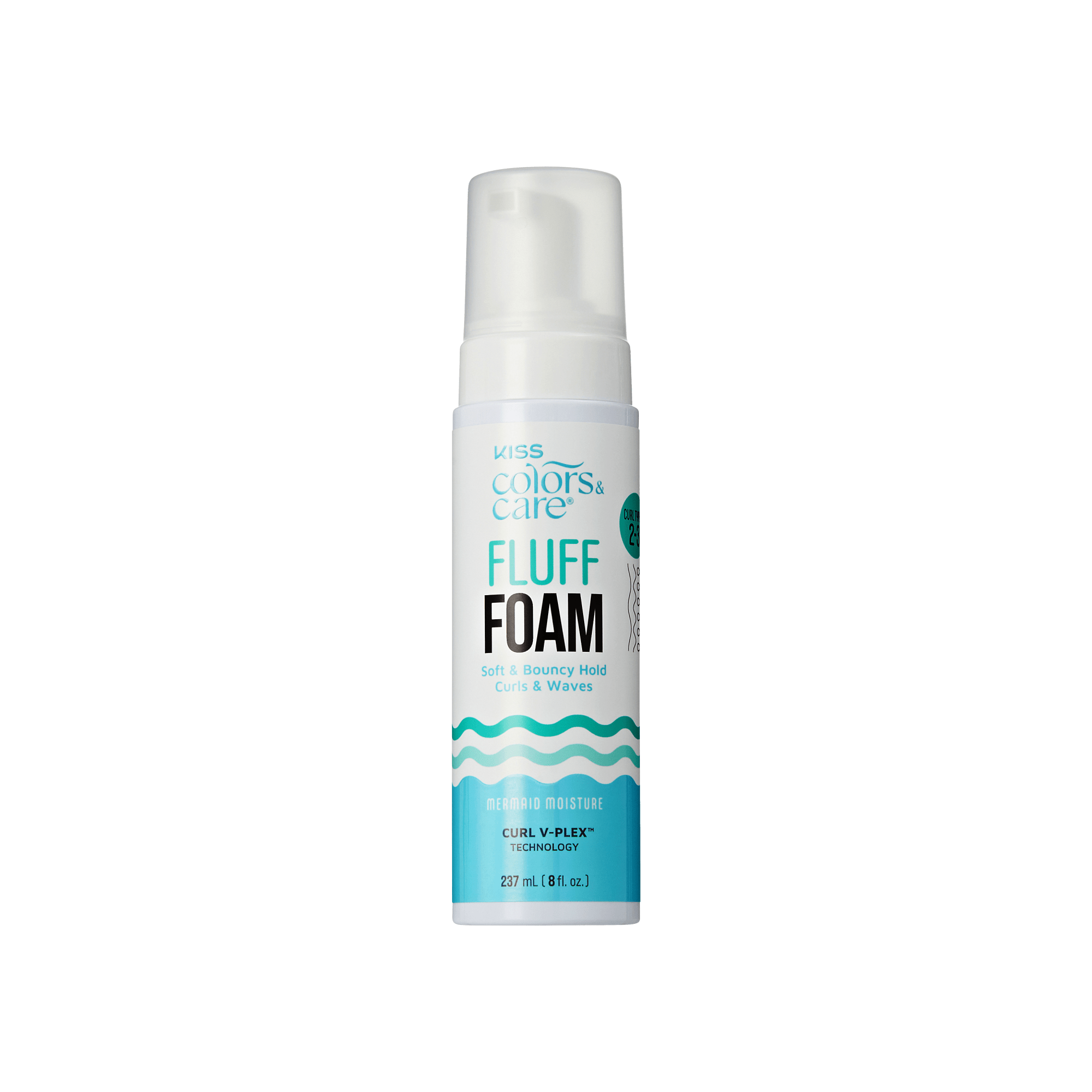 Kiss Colors & Care Fluff Foam styling product, 8 fl oz bottle with turquoise wave design