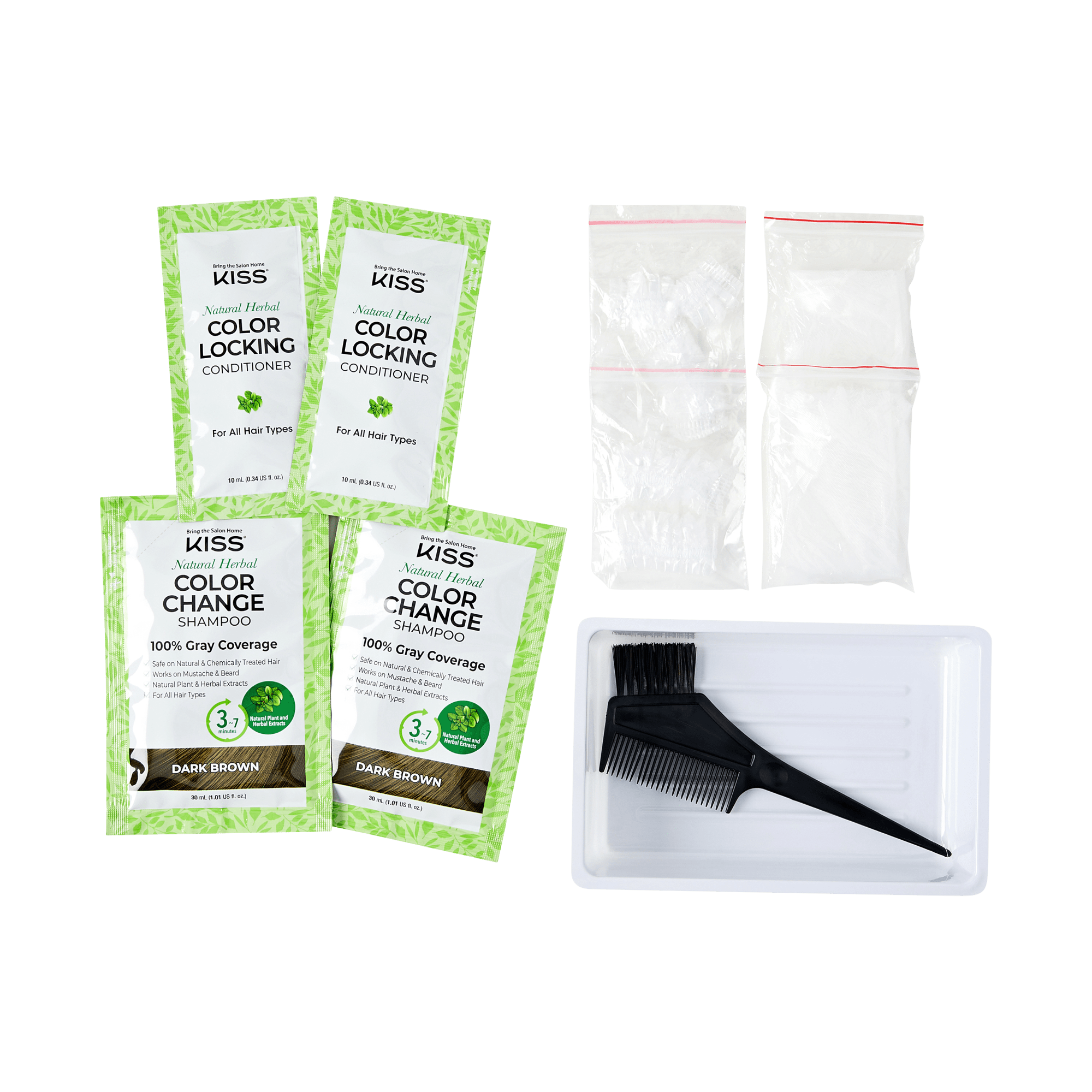 KISS Color Change shampoo dye and color locking conditioner sachets in dark brown, with gloves, powder packets, and a brush on a white tray.