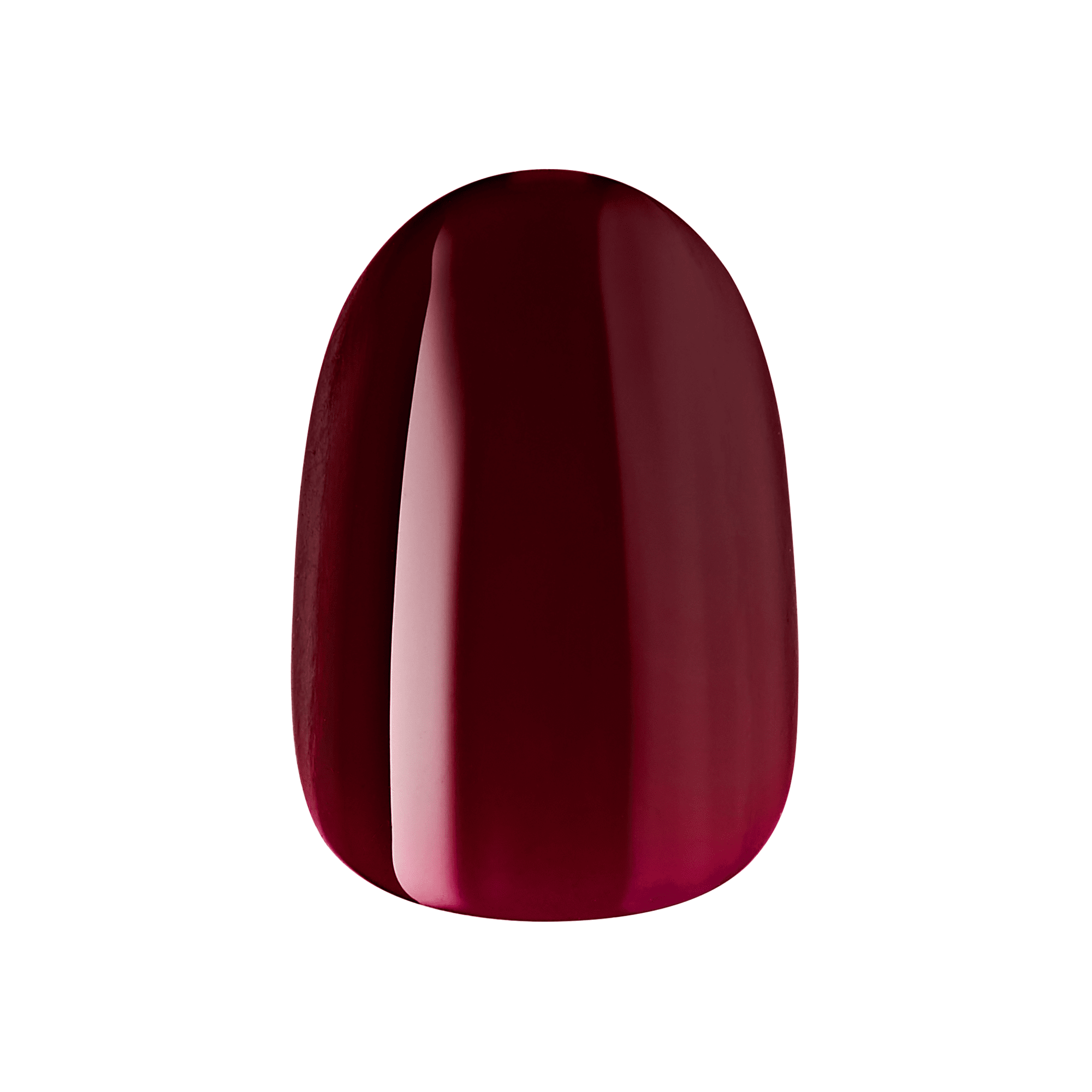 The image shows a single artificial nail tip. The nail tip is painted in a deep, glossy burgundy color. The surface of the nail is smooth and shiny, reflecting light to create a gradient effect that highlights the curvature of the nail. The overall shape of the nail is oval, with a rounded top and a slightly tapered base.