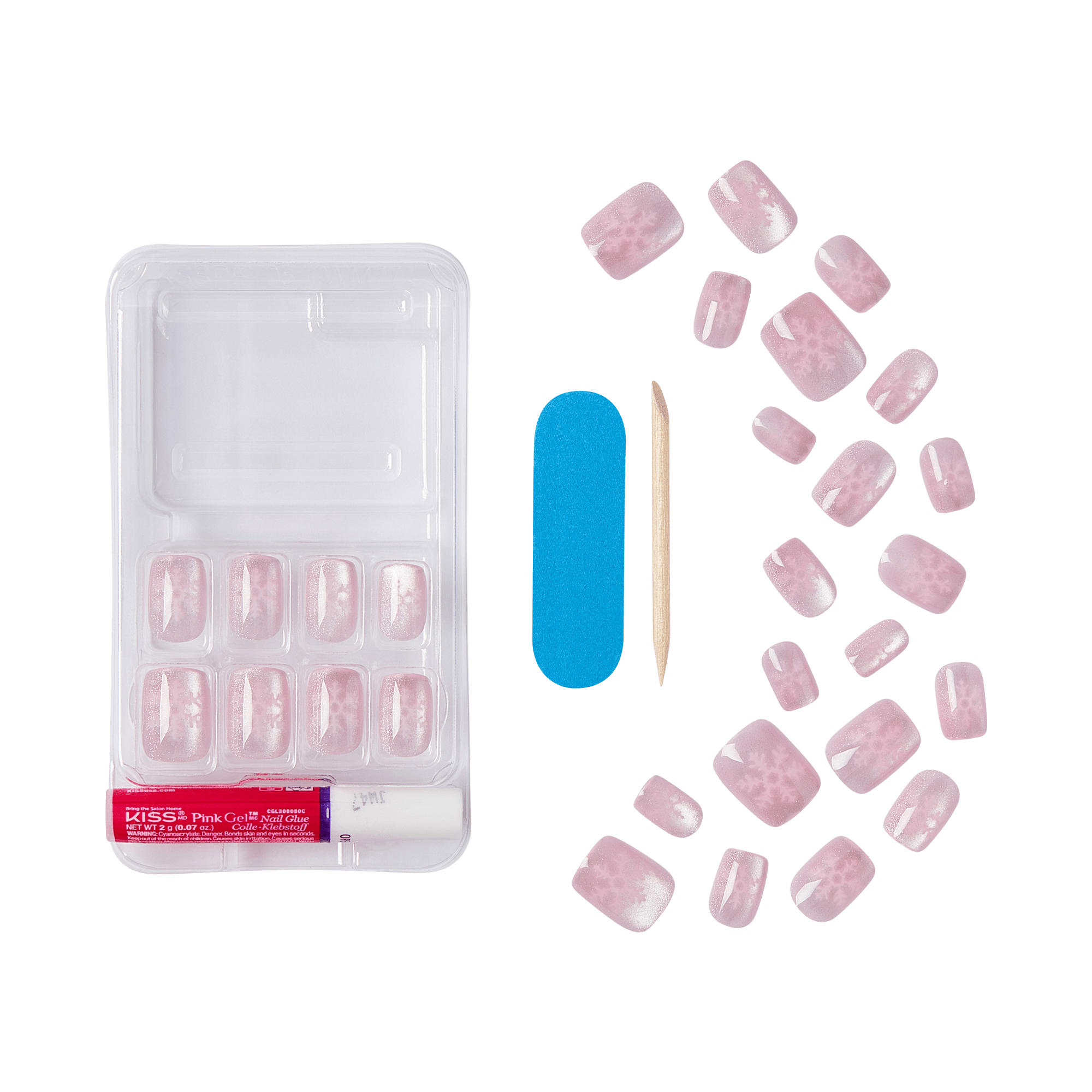 Set of 20 pink frosted press-on nails with white snowflake designs, nail glue, blue nail file, and wooden cuticle stick on clear plastic tray.