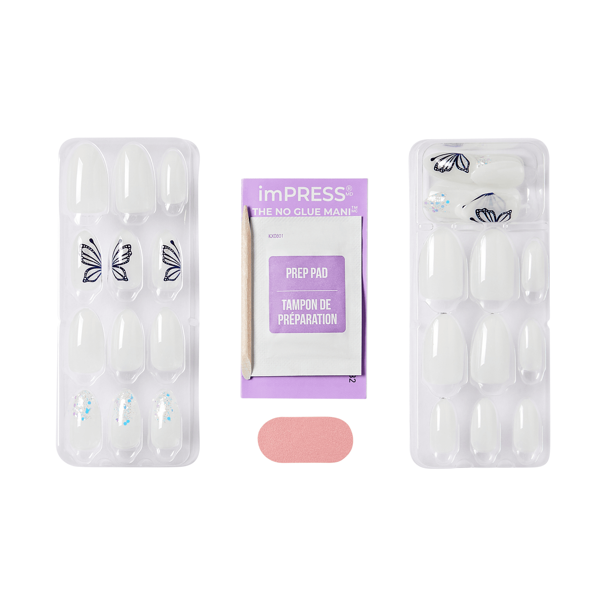 The image features a set of artificial nails packaged in two clear plastic trays. The left tray contains white nails adorned with butterfly designs, while the right tray holds white nails with a sparkling accent. In the center, there is a prep pad for nail preparation, along with a small pink adhesive strip. The overall presentation suggests a DIY manicure kit that emphasizes ease of use without the need for glue.
