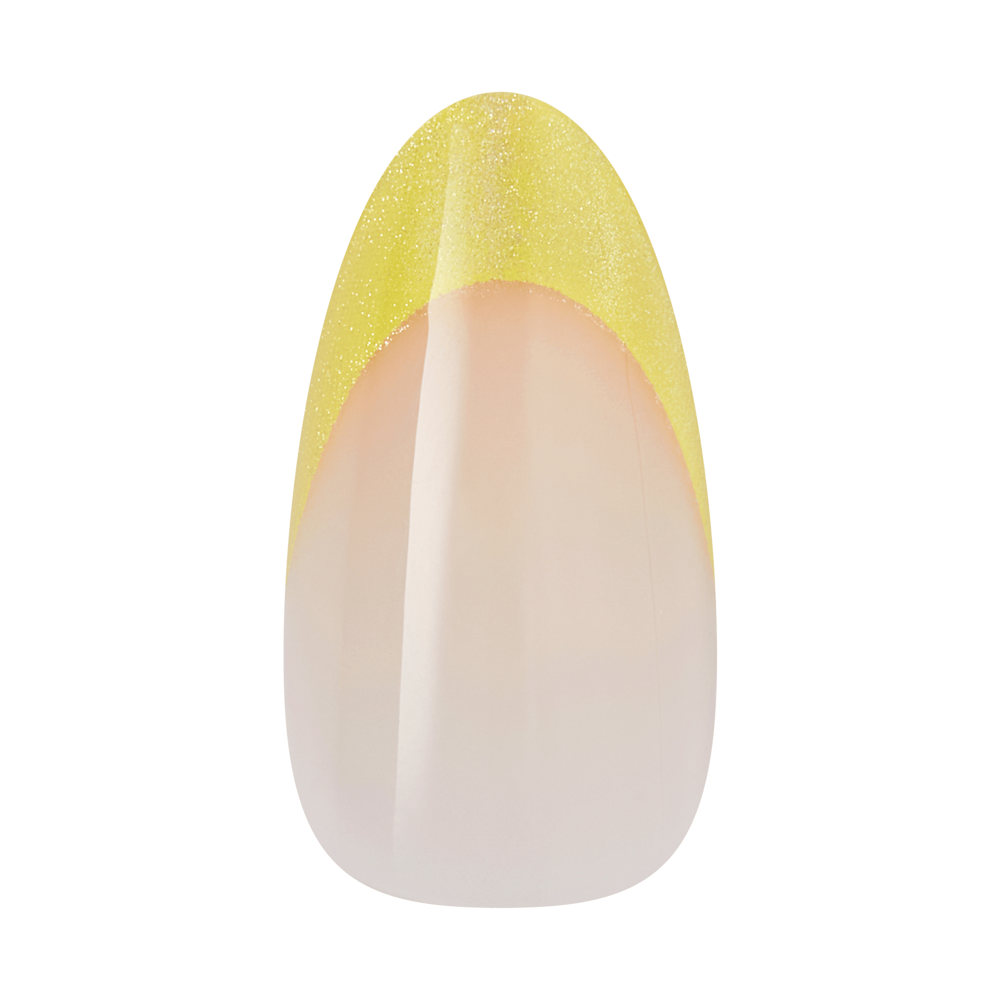 Oval nail with yellow glitter gradient and nude base polish