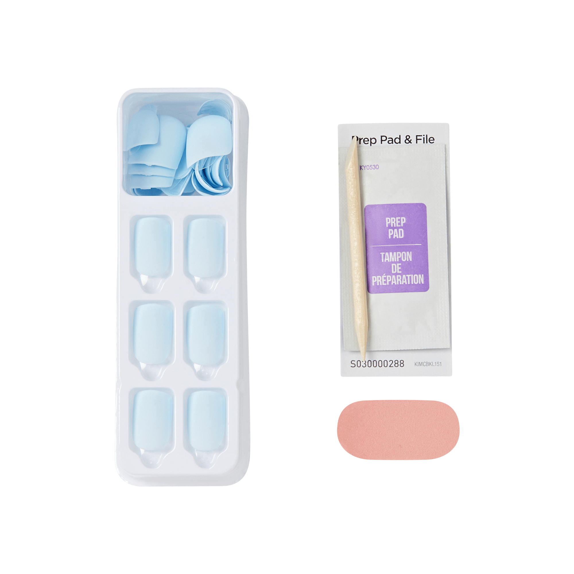 Nail prep kit with blue press-on nails, prep pad, file, and nude nail polish.
