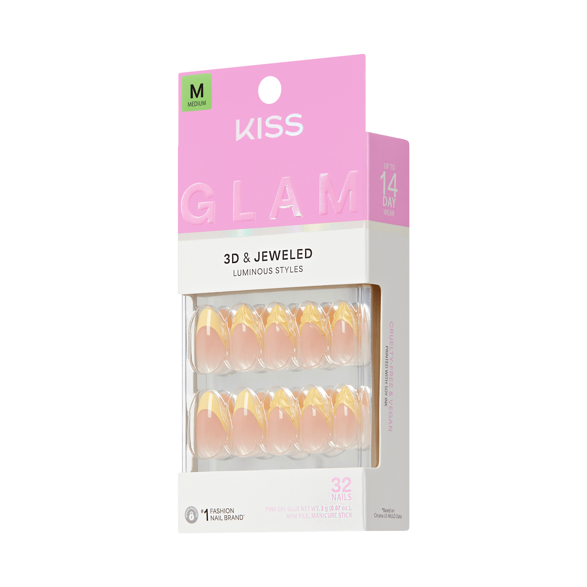 Kiss Glam Jeweled Press On Fake Glue Nails - Gleam Catcher | 3D & Jeweled French, Yellow, Medium, Almond