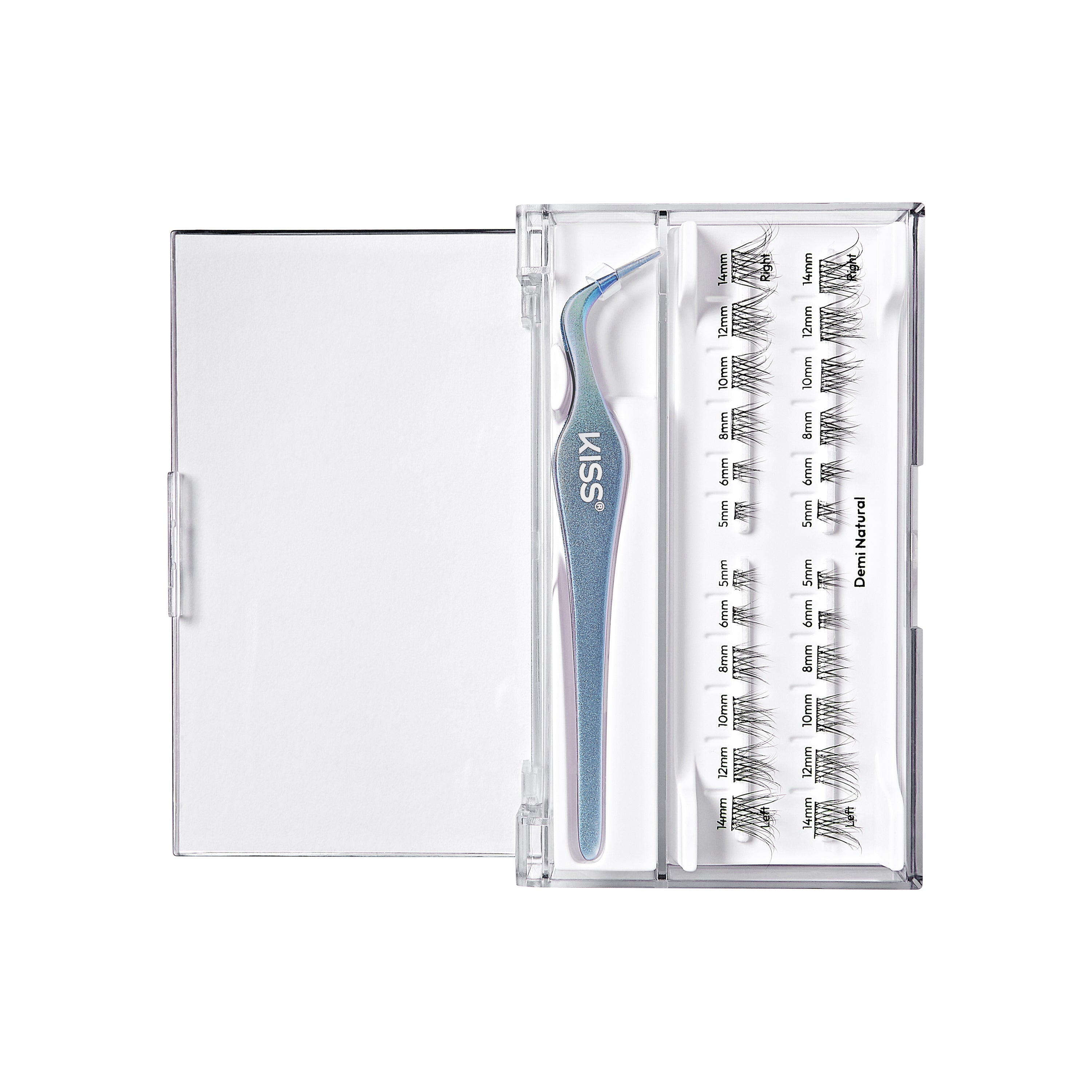 The image features a clear, rectangular case containing individual false eyelashes arranged neatly in rows. Accompanying the lashes is a pair of tweezers designed for easy application. The tweezers have a sleek, blue design, and the case is labeled with the brand name "KISS." The overall presentation is organized and professional, ideal for makeup enthusiasts or professionals looking to enhance their eye makeup with false lashes.