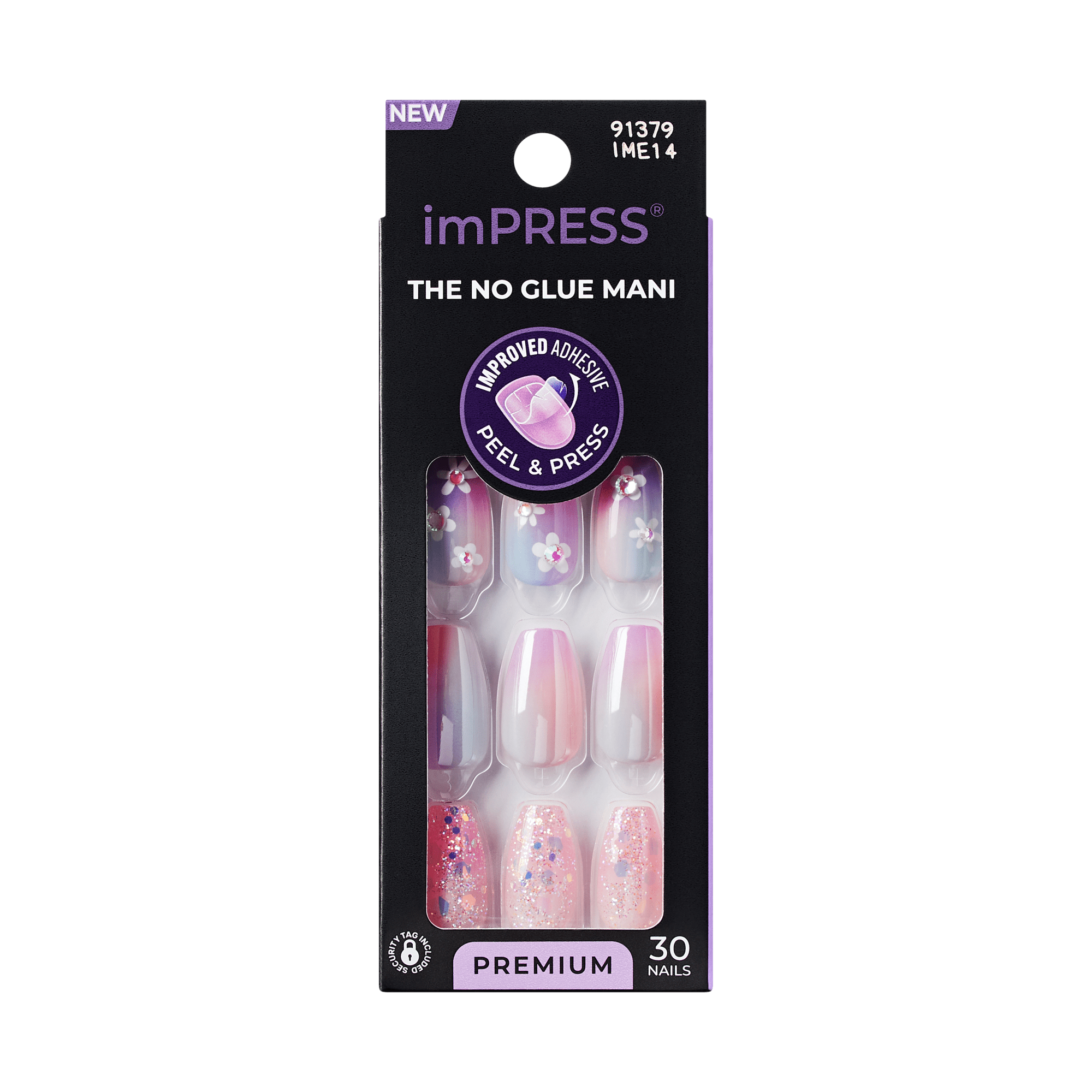 The image features a packaging for imPRESS nails, specifically labeled as "The No Glue Mani." The package showcases a set of 30 press-on nails in various designs. The nails include a mix of pastel colors, floral patterns, and glitter accents. The packaging is designed with a modern aesthetic, highlighting the ease of use with a "peel & press" application method. The overall look is vibrant and appealing, aimed at those seeking a quick and stylish manicure solution.