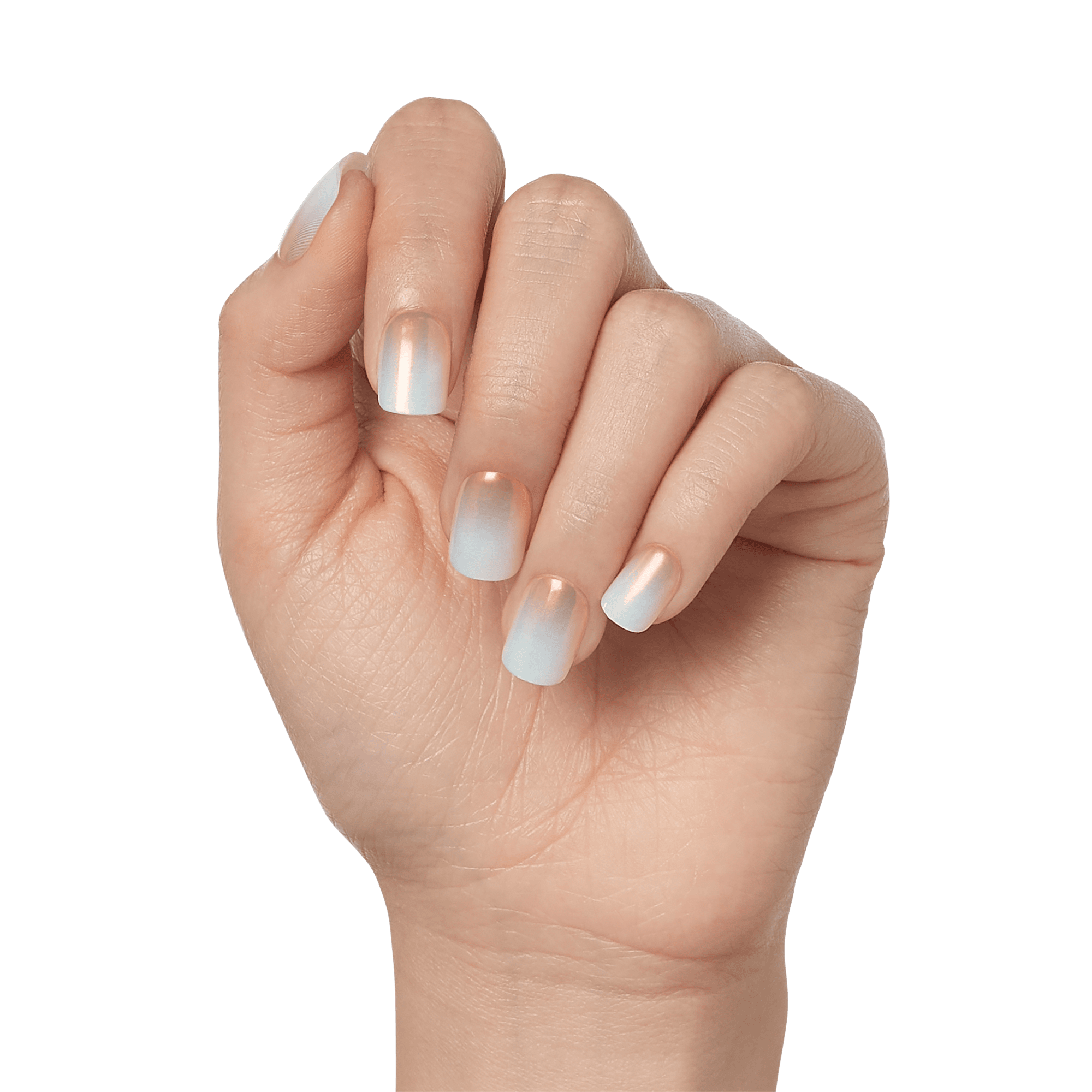 Hand with press-on nails featuring a gradient design from metallic copper near the cuticles to matte light blue at the tips, short square shape.