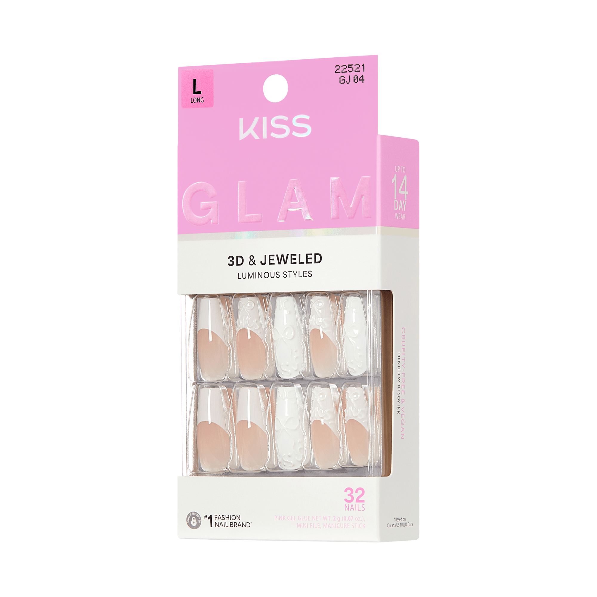 KISS Glam 3D & Jeweled Luminous Styles 32 Nails Long Size Package