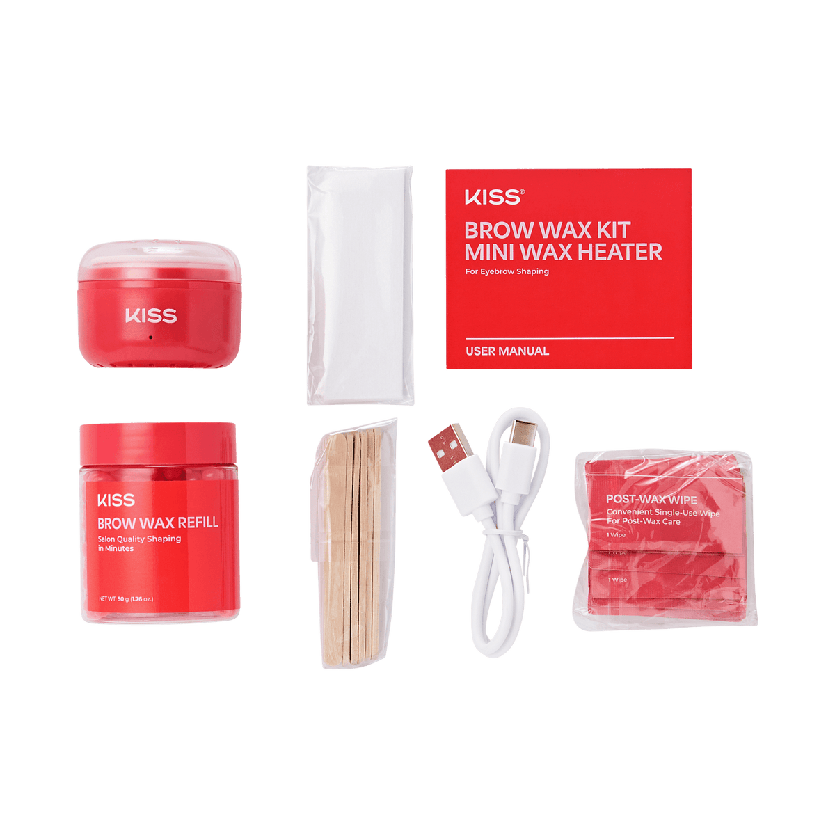Kiss Brow Wax Kit | Starter Kit, Heater, Hard Wax, 10 Applicators, 10 Waxing Strips, 15 Post-Wax Wipes