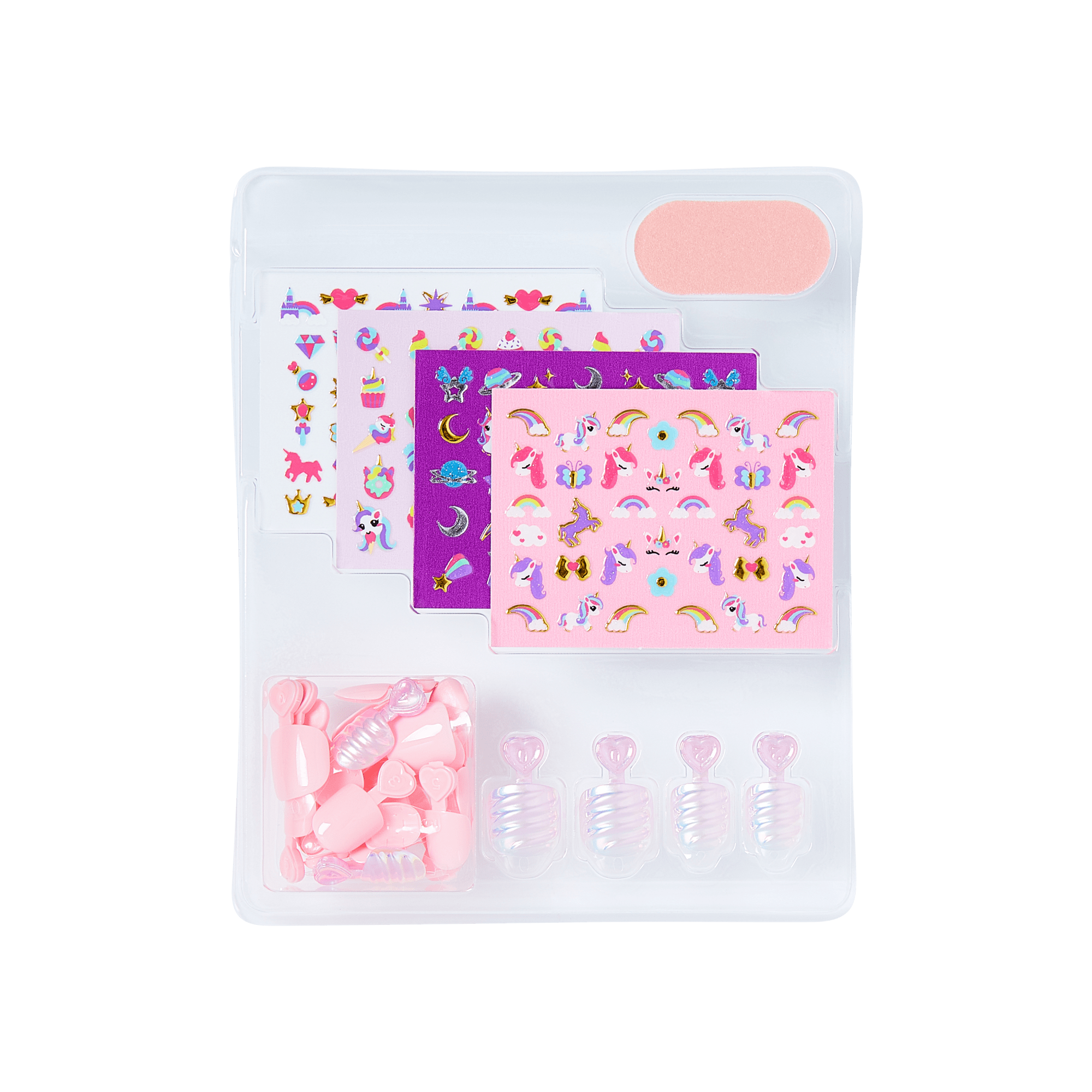 Unicorn sticker activity set with sheets, pink accessories, and spiral clips in packaging.