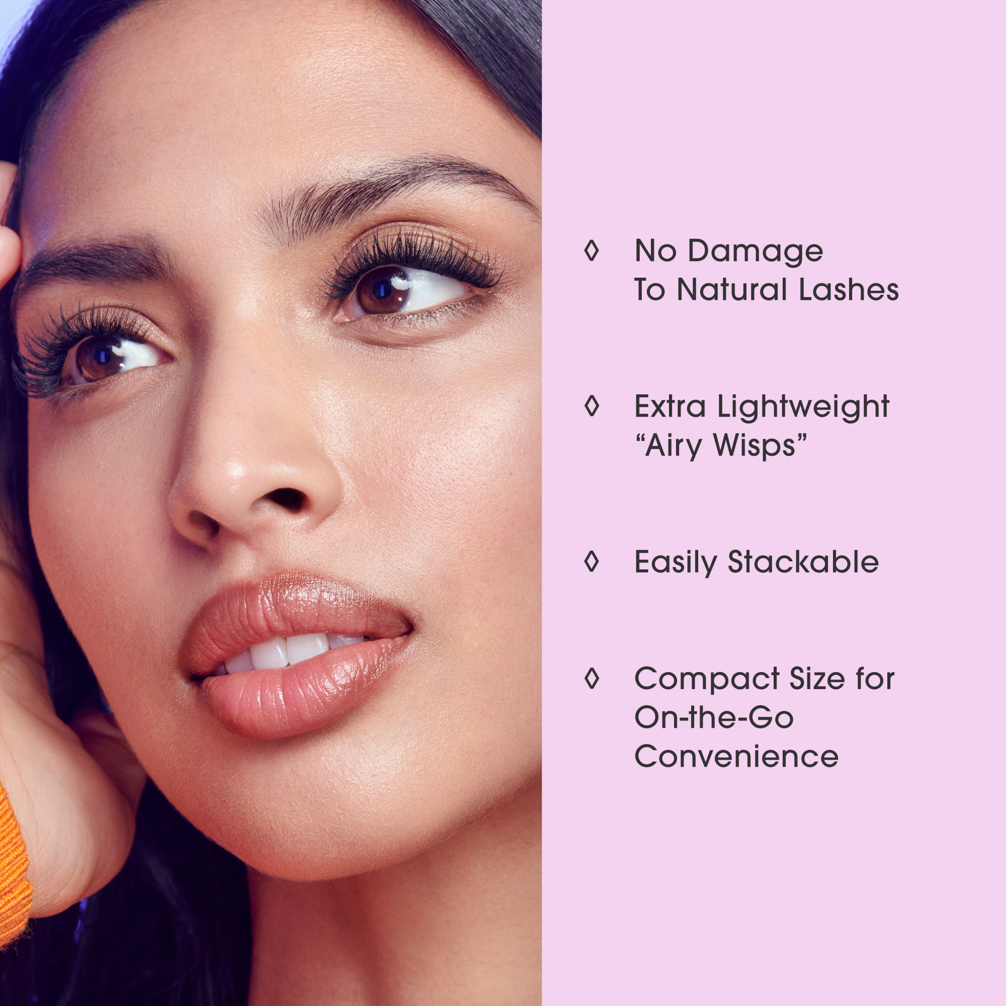 Woman with voluminous lashes; text lists lash product benefits: no damage, lightweight, stackable, compact.