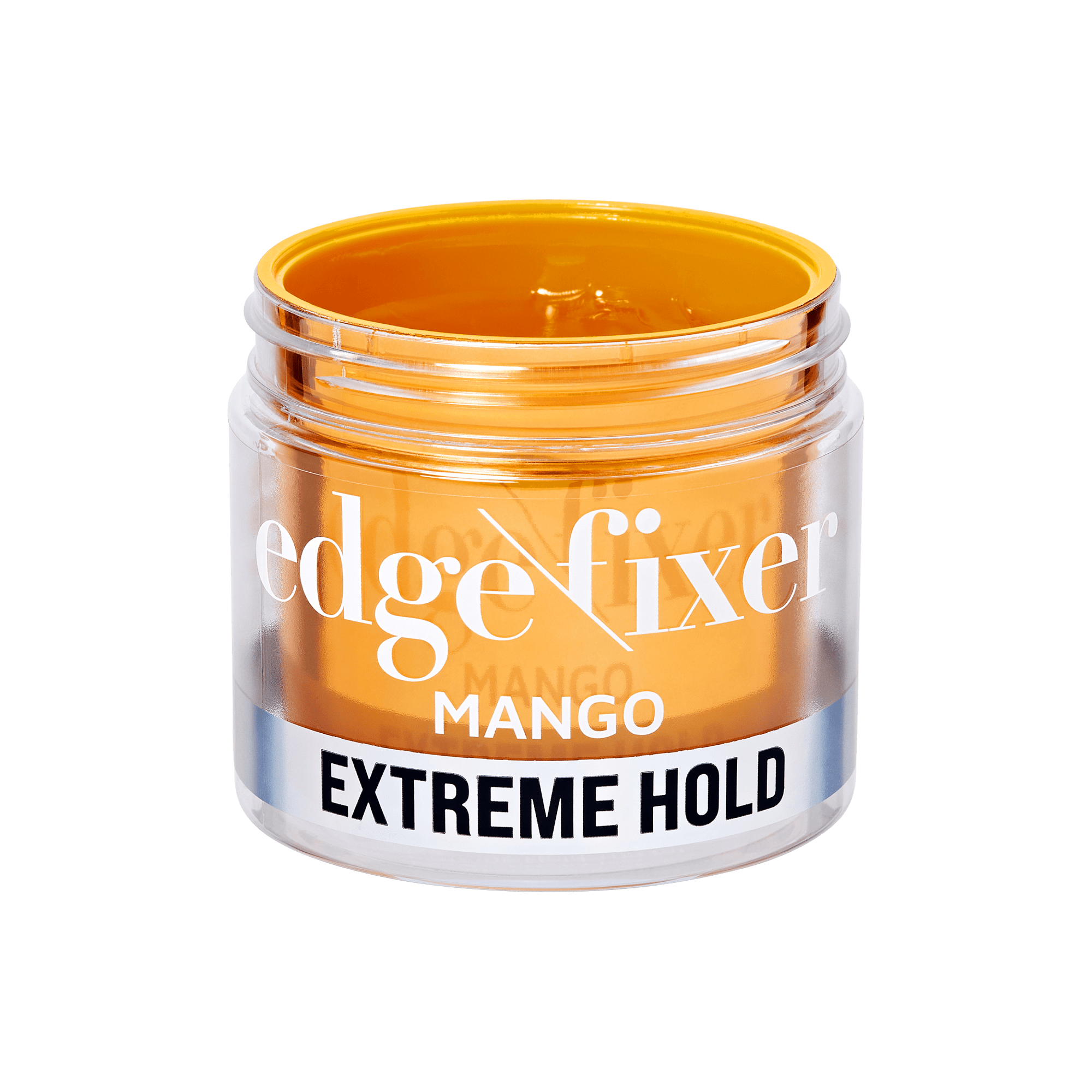 Clear jar of KISS Colors & Care edge fixer gel in mango scent, bright orange gel visible inside, labeled "Extreme Hold."