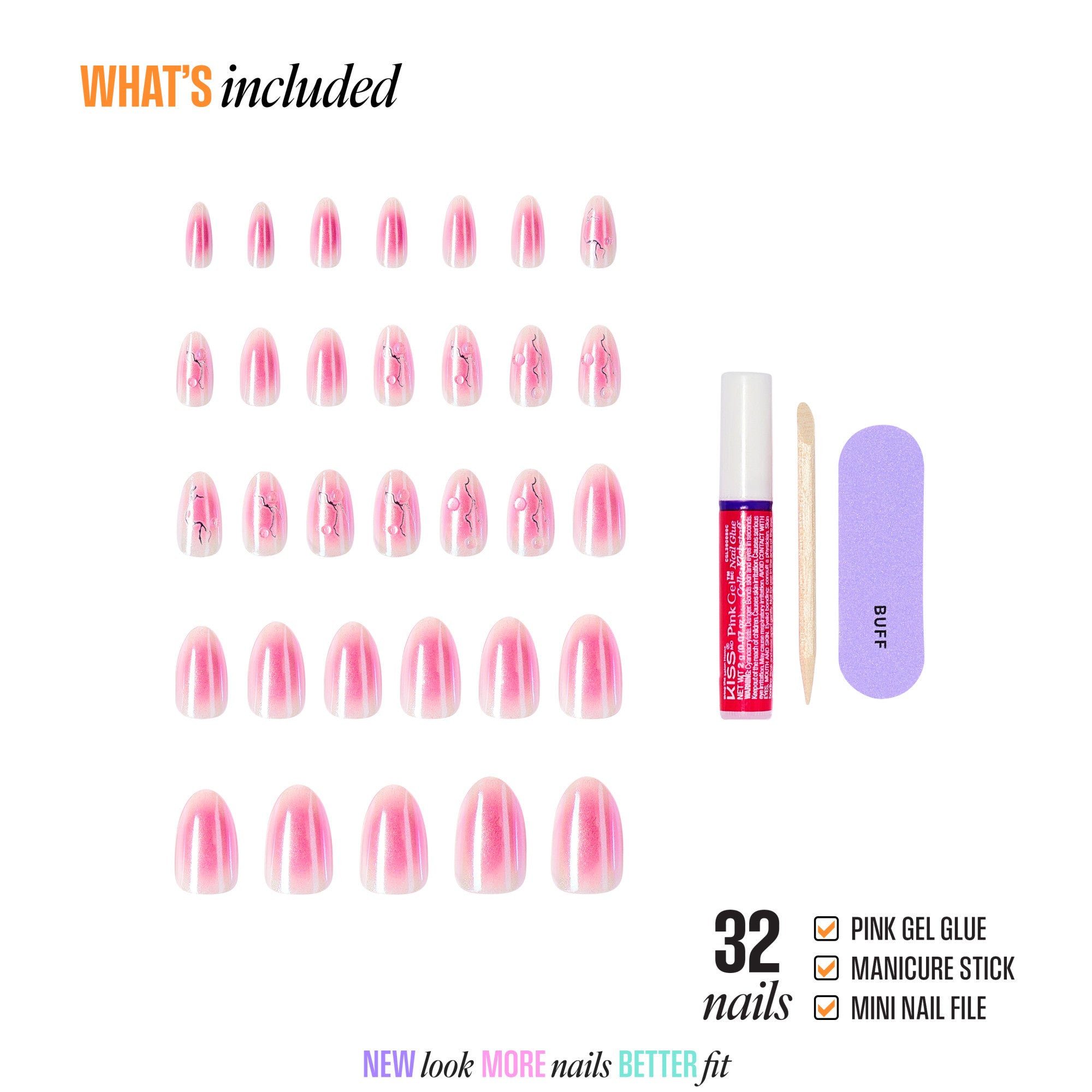 32-piece pink gel nail kit with glue, manicure stick, and file included.