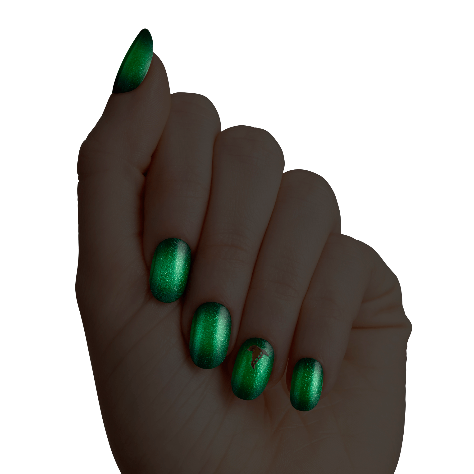 Hand displaying emerald green metallic nail polish with leaf accent on thumb.