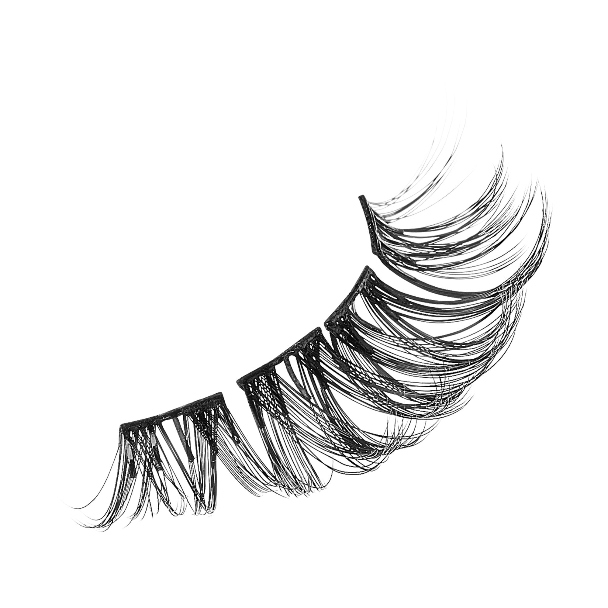 Curly black self-adhesive false eyelash cluster with spaced segments on a transparent band against a white background.