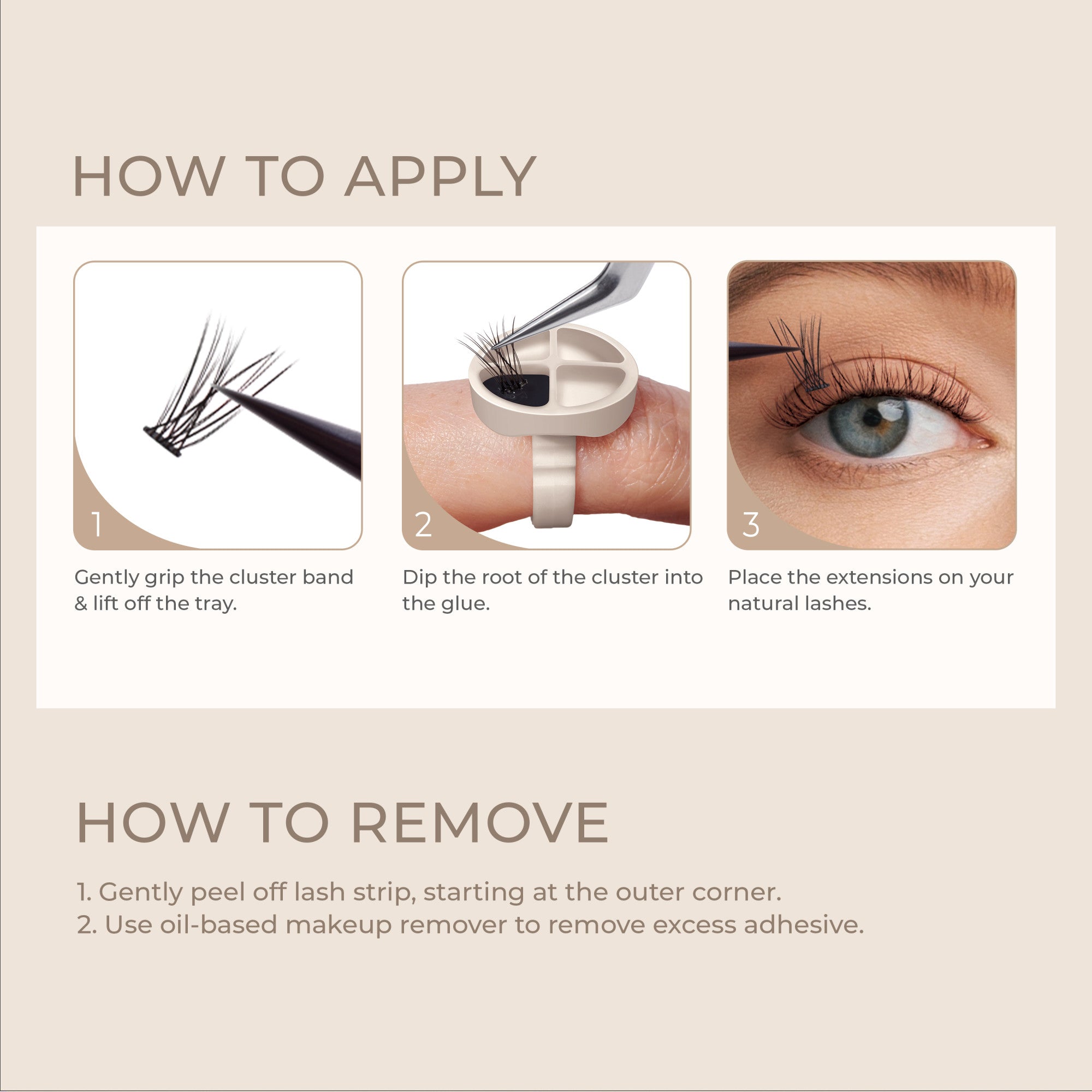 Instructions for applying KISS Lash Atelier Individual Lash Extensions. Step 1 shows tweezers lifting a lash cluster. Step 2 shows dipping the lash cluster into glue on a glue ring worn on a finger. Step 3 shows placing the extensions on natural lashes.