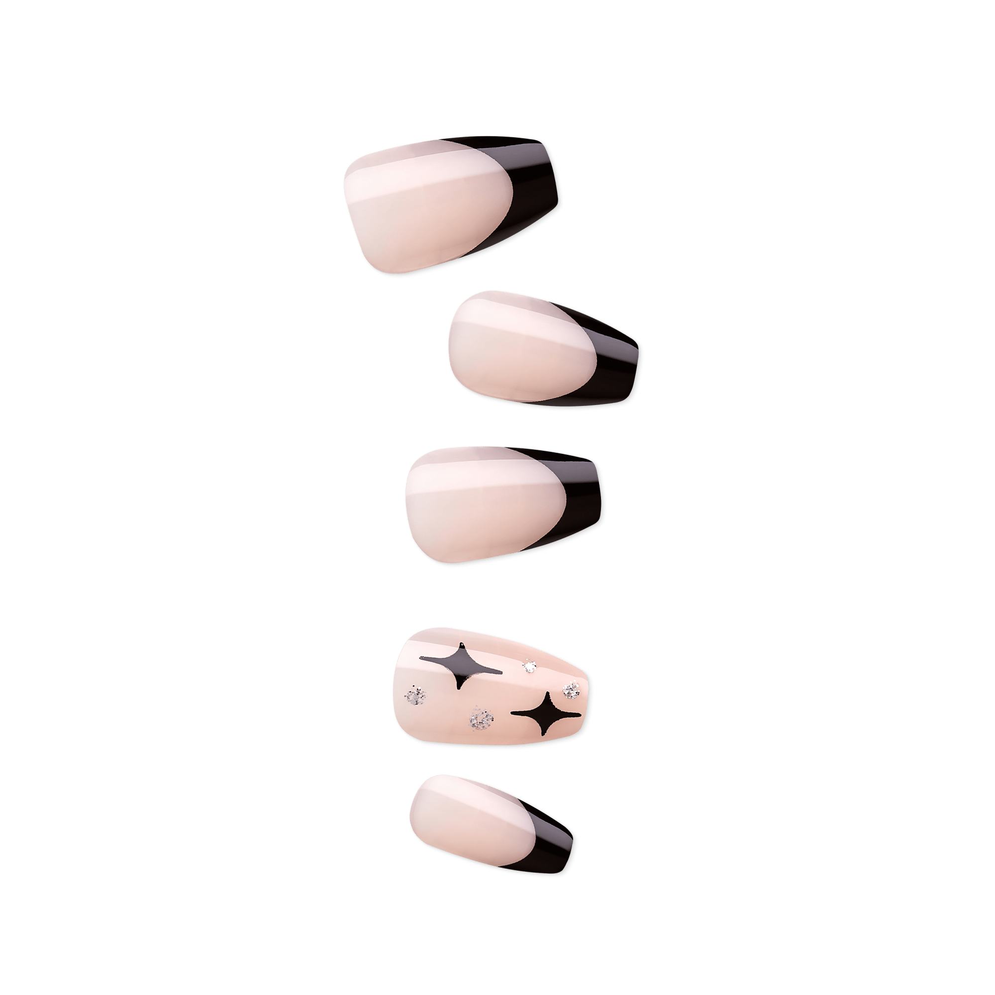 Set of five press-on nails featuring a glossy beige and black color block design, one nail with black star and silver glitter accents.