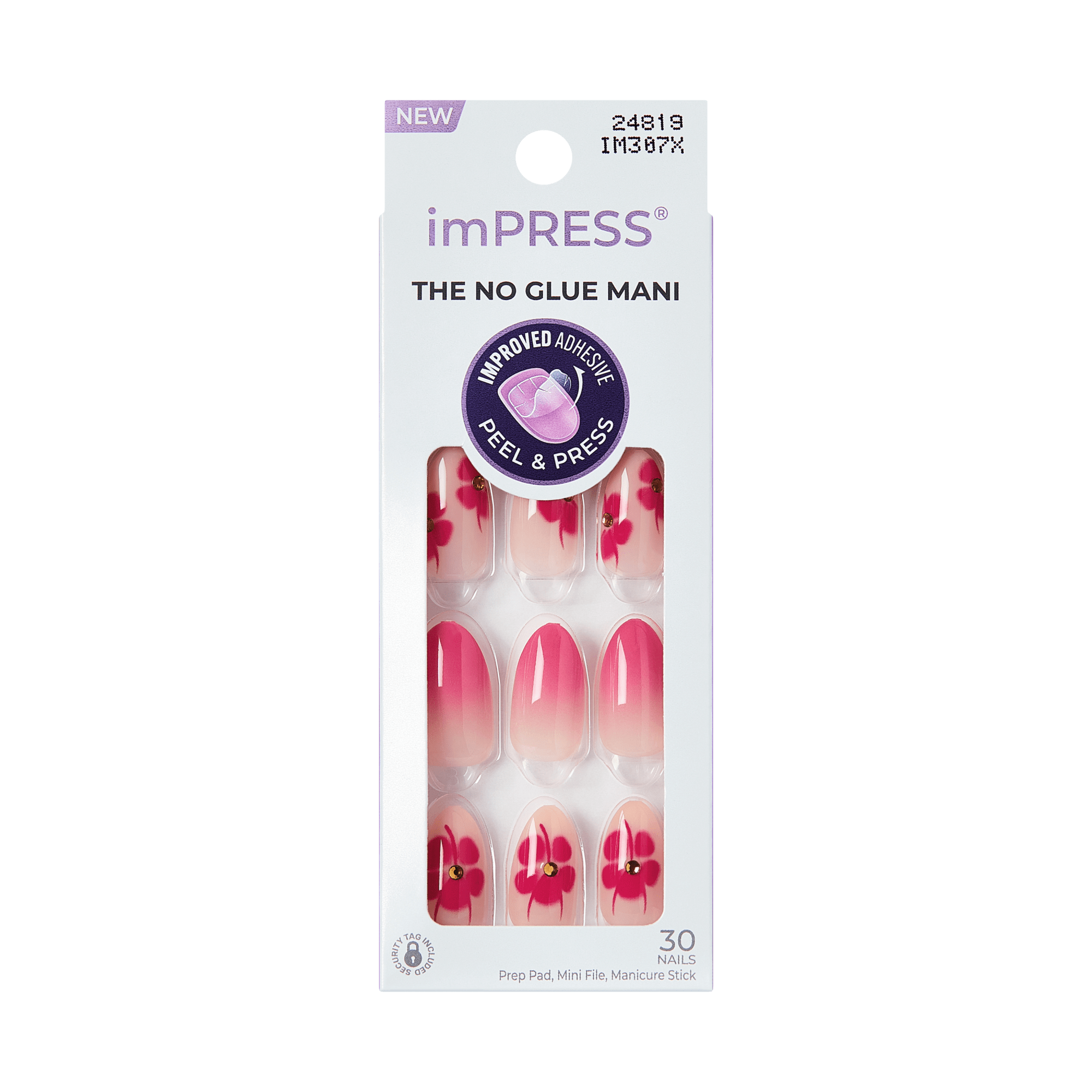 imPRESS The No Glue Mani press-on nails packaging, 30 nails, featuring pink floral designs with rhinestones on pink gradient nails, Peel & Press improved adhesive technology